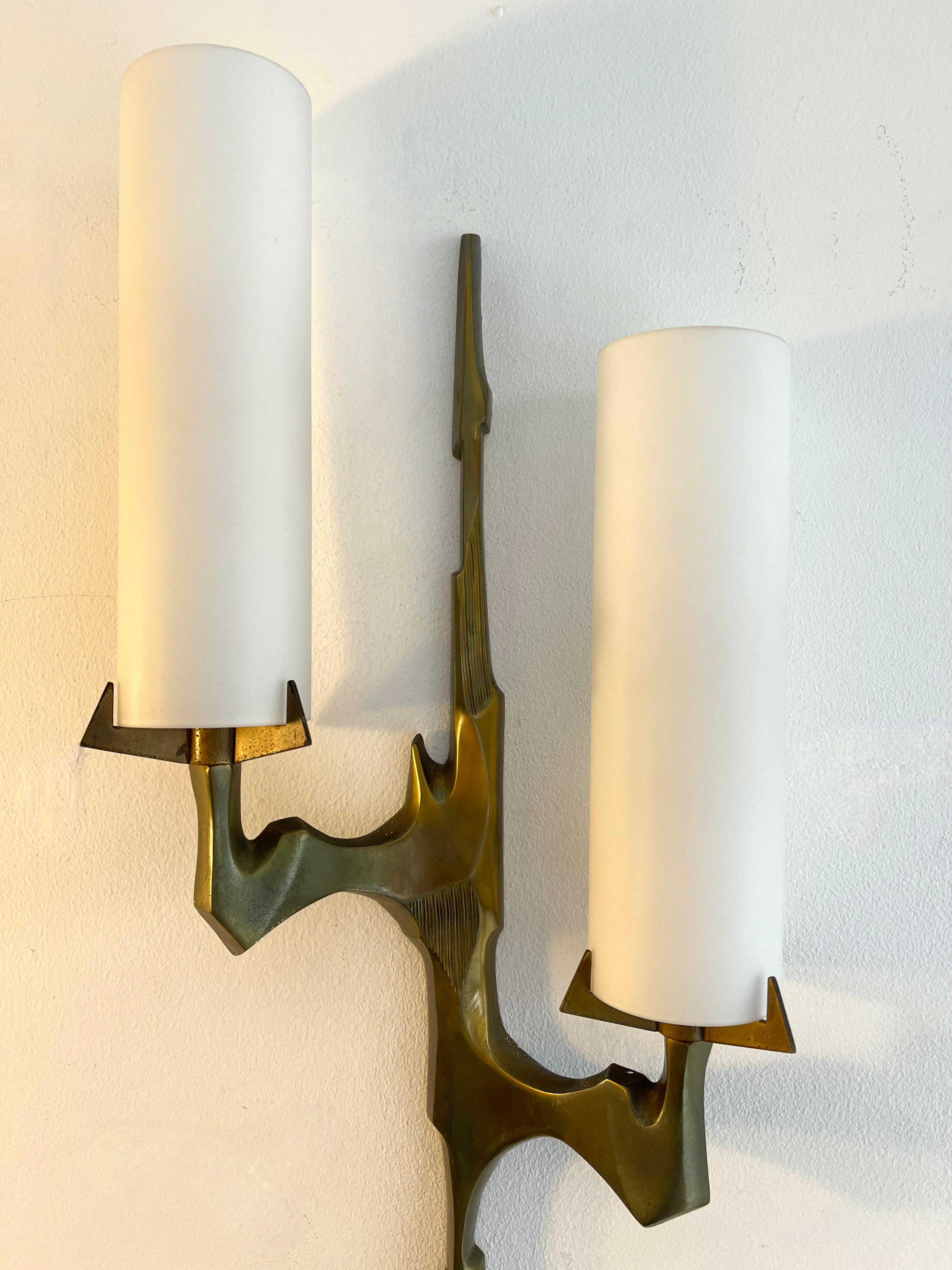 Mid-20th Century Pair of Gilt Bronze and Opaline Glass Sconces by Maison Arlus, France, 1960s For Sale