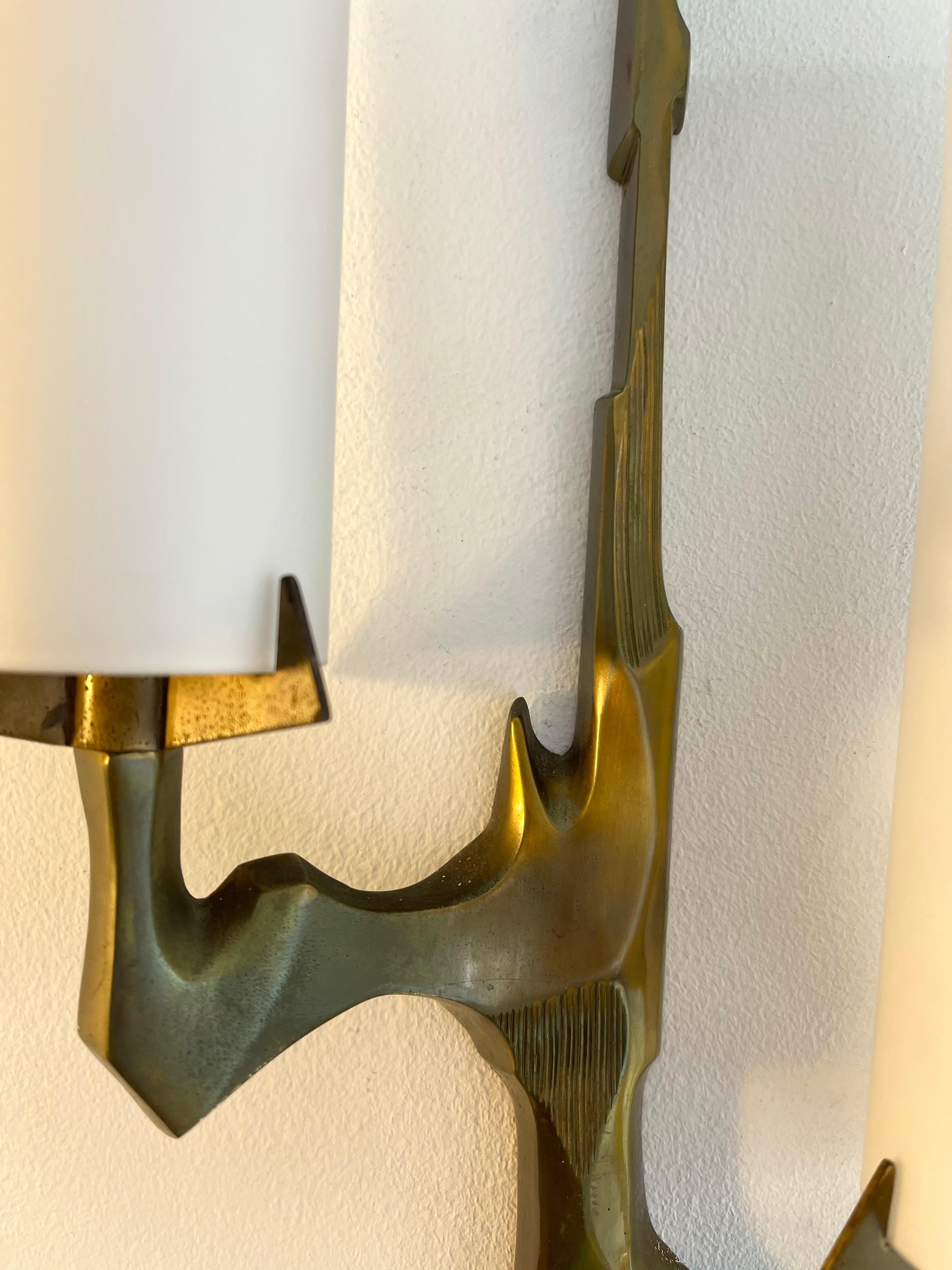 Pair of Gilt Bronze and Opaline Glass Sconces by Maison Arlus, France, 1960s 2