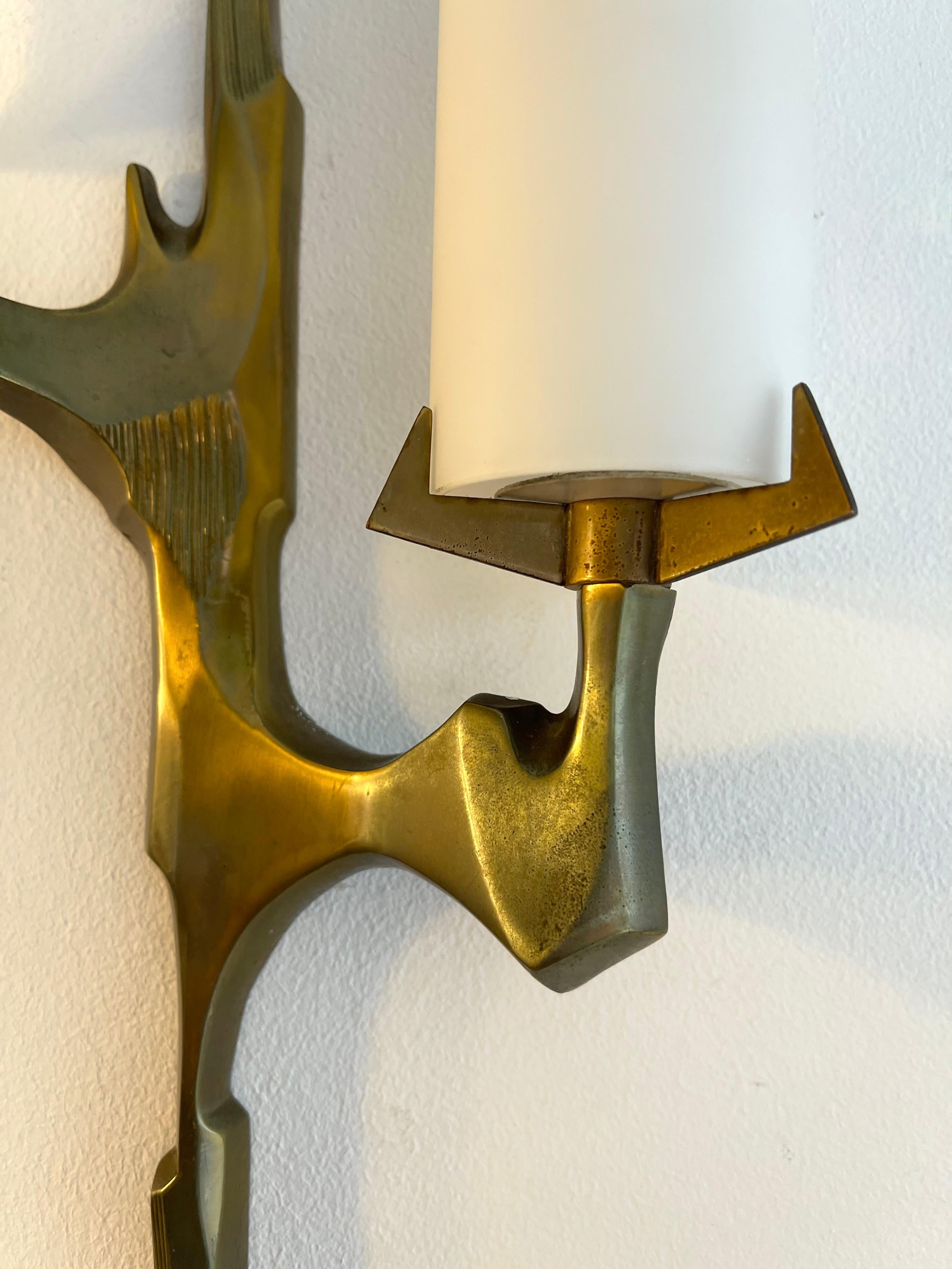 Pair of Gilt Bronze and Opaline Glass Sconces by Maison Arlus, France, 1960s For Sale 3