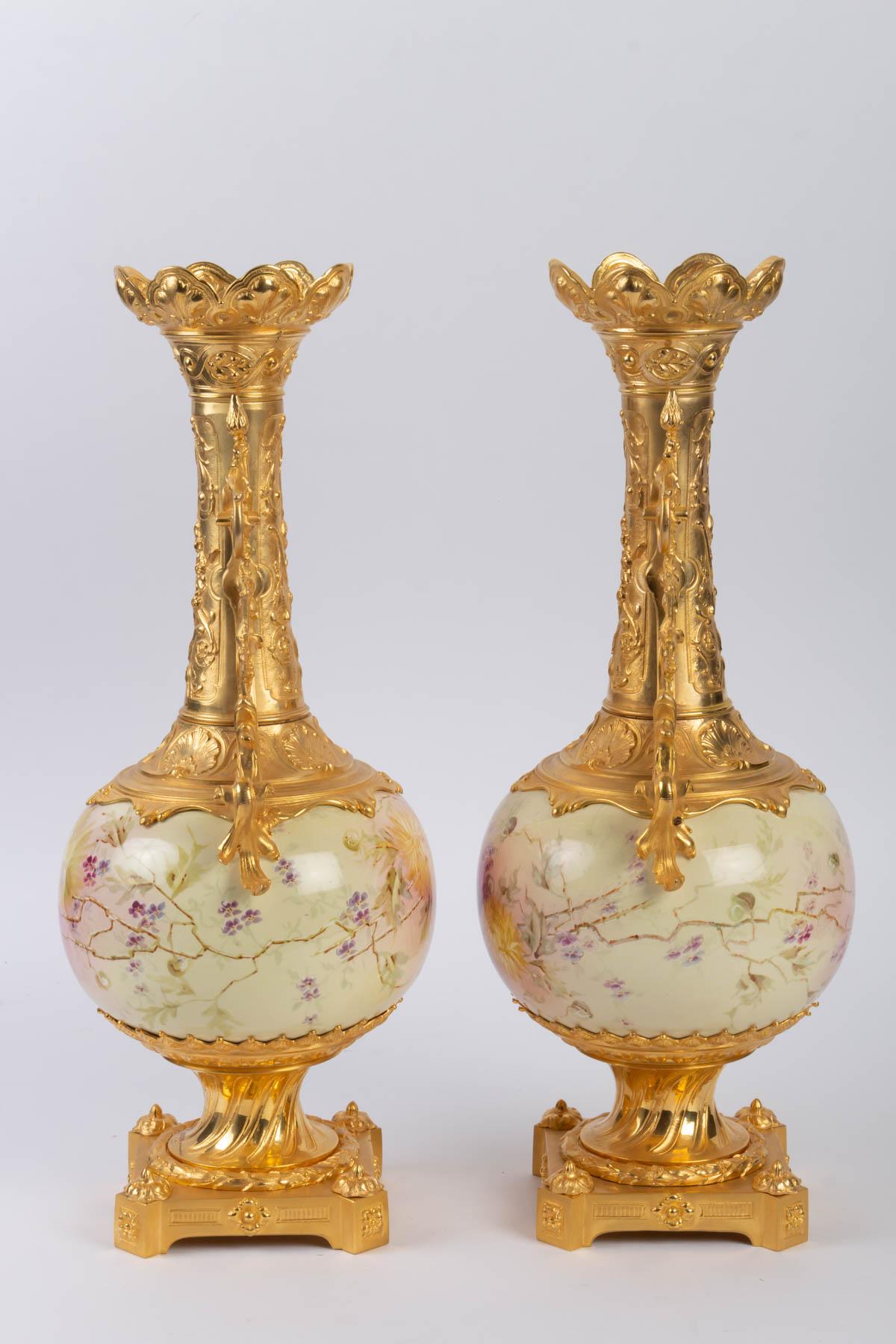 Late 20th Century Pair of Gilt Bronze and Painted Porcelain Vases