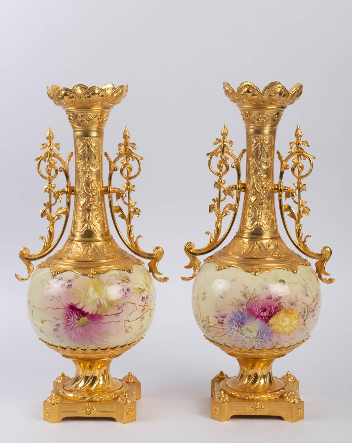 Pair of Gilt Bronze and Painted Porcelain Vases 1