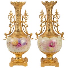 Vintage Pair of Gilt Bronze and Painted Porcelain Vases