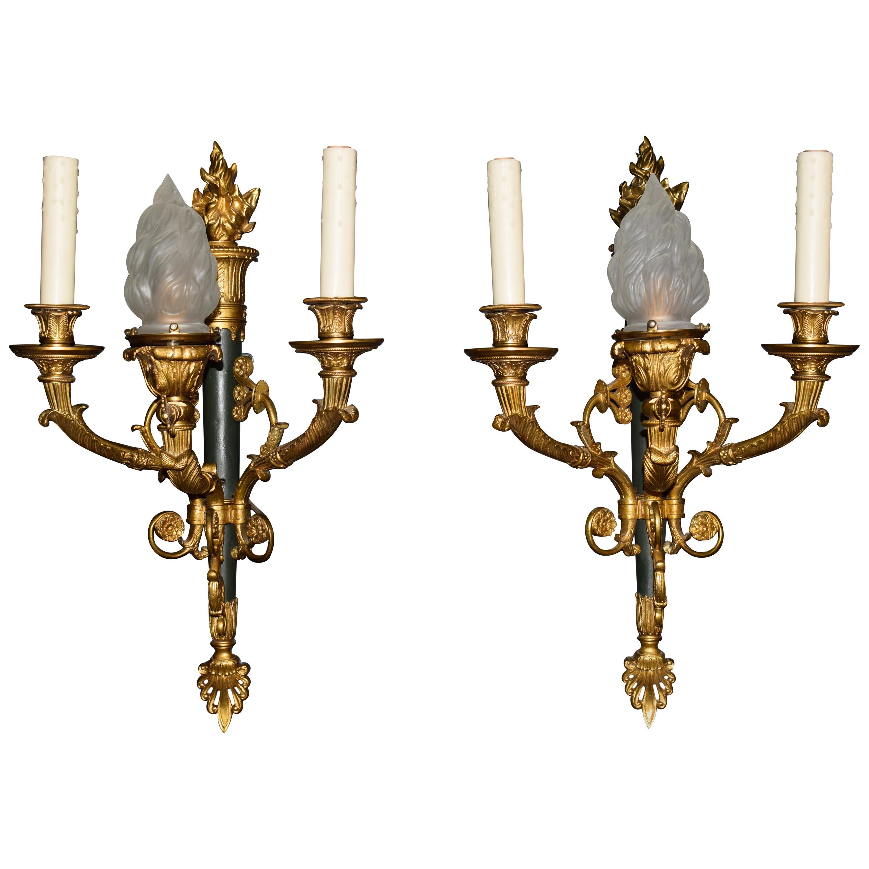 Pair of Gilt Bronze and Patinated Bronze Wall Sconces