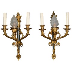 Pair of Gilt Bronze and Patinated Bronze Wall Sconces