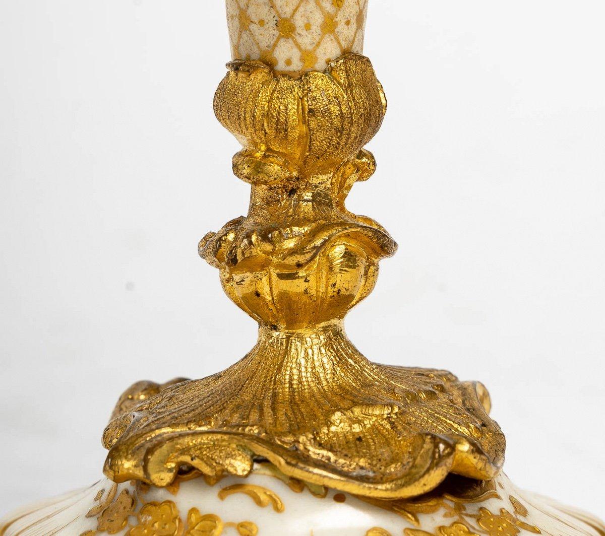 19th Century Pair of Gilt Bronze and Porcelain Candlesticks, Louis XV Style