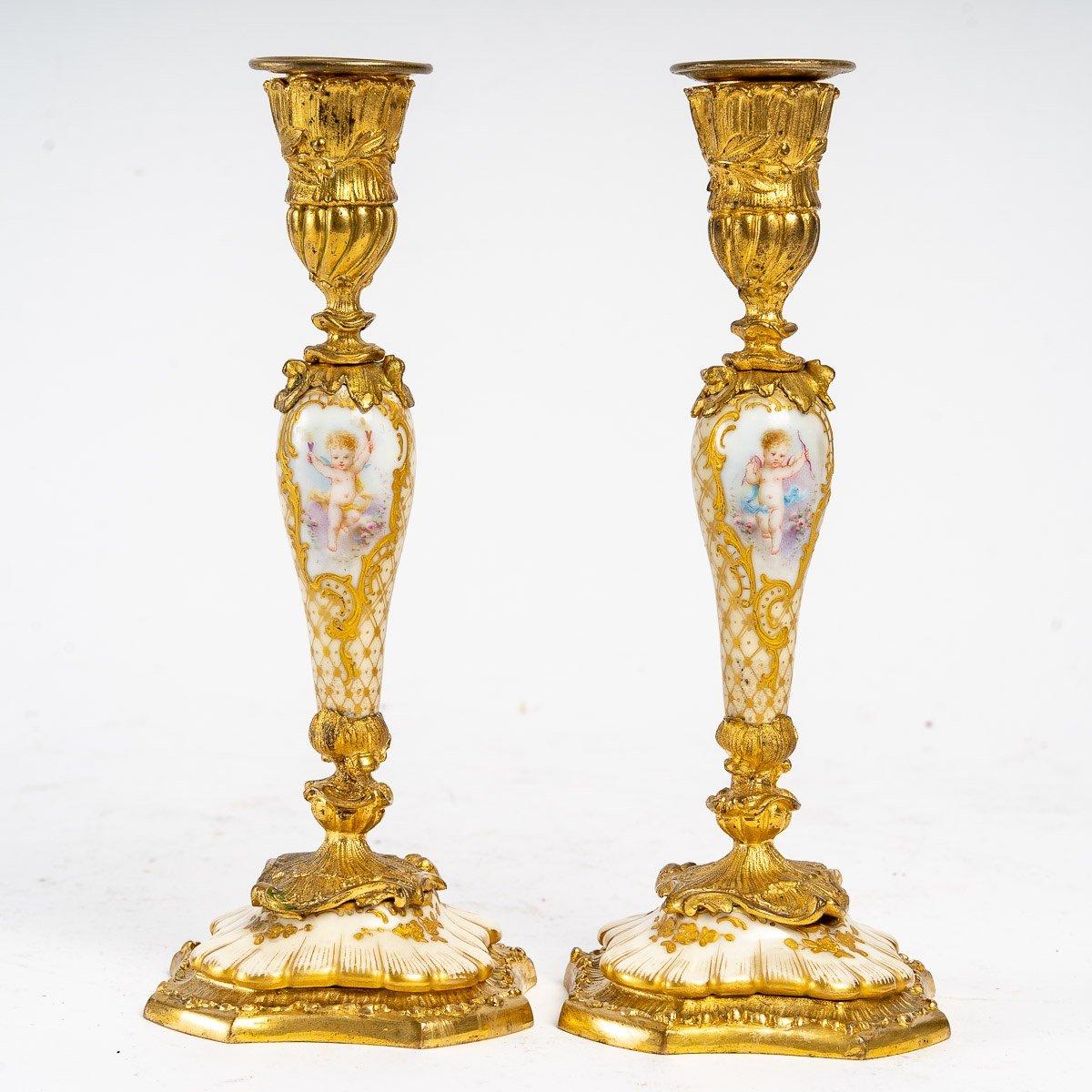Pair of Gilt Bronze and Porcelain Candlesticks, Louis XV Style 1
