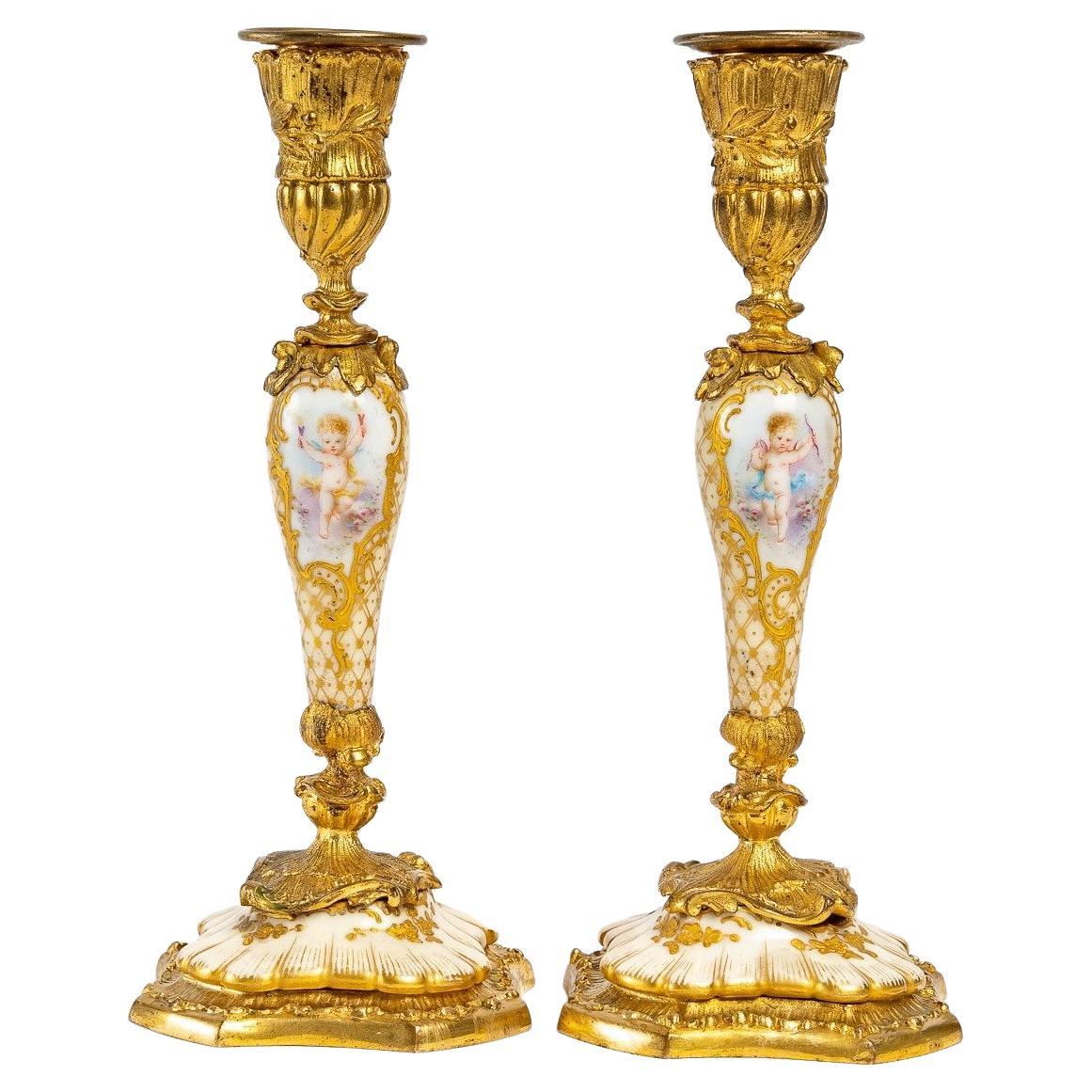 Pair of Gilt Bronze and Porcelain Candlesticks, Louis XV Style