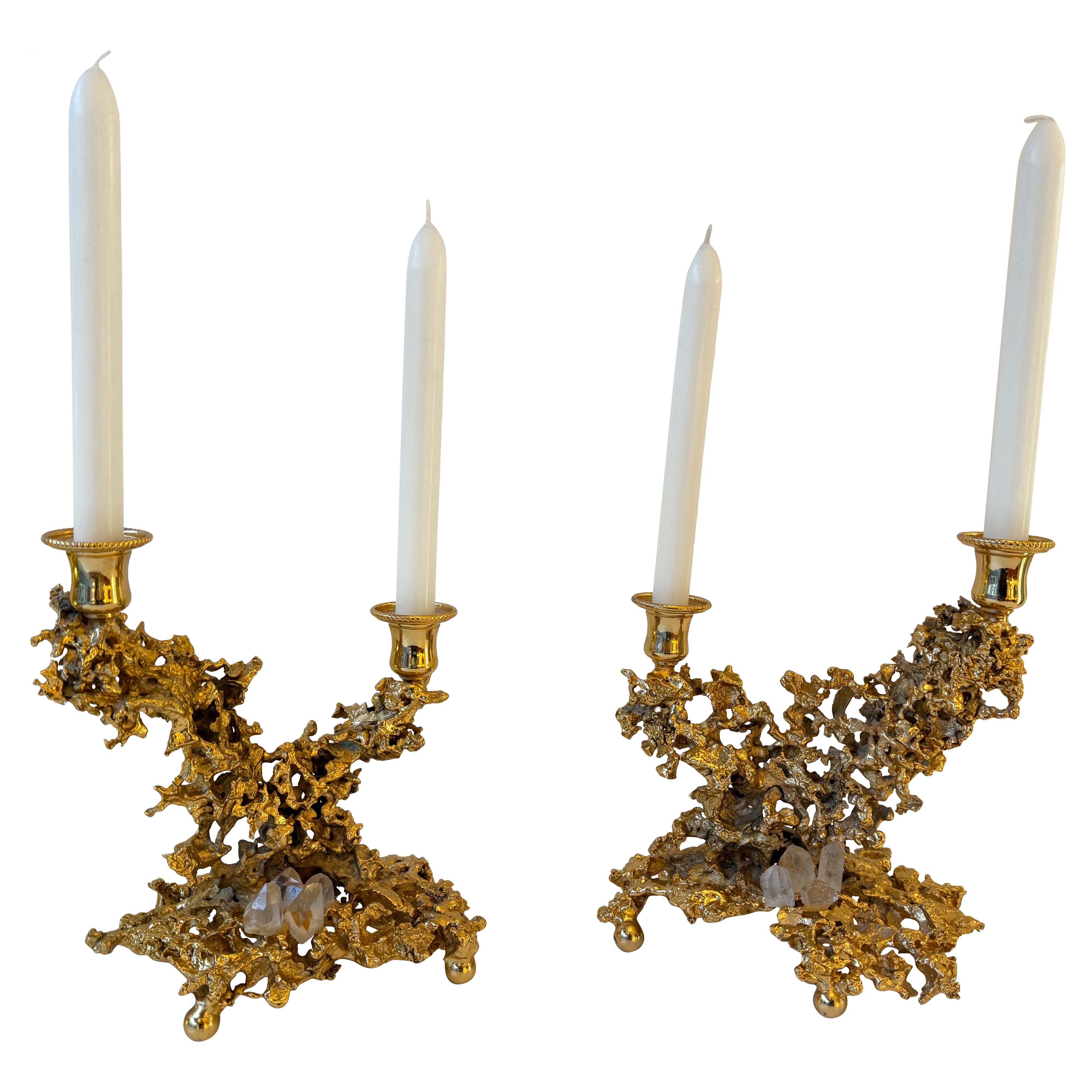 Pair of Gilt Bronze and Quartz Candlesticks by Boeltz, France, 1970s For Sale