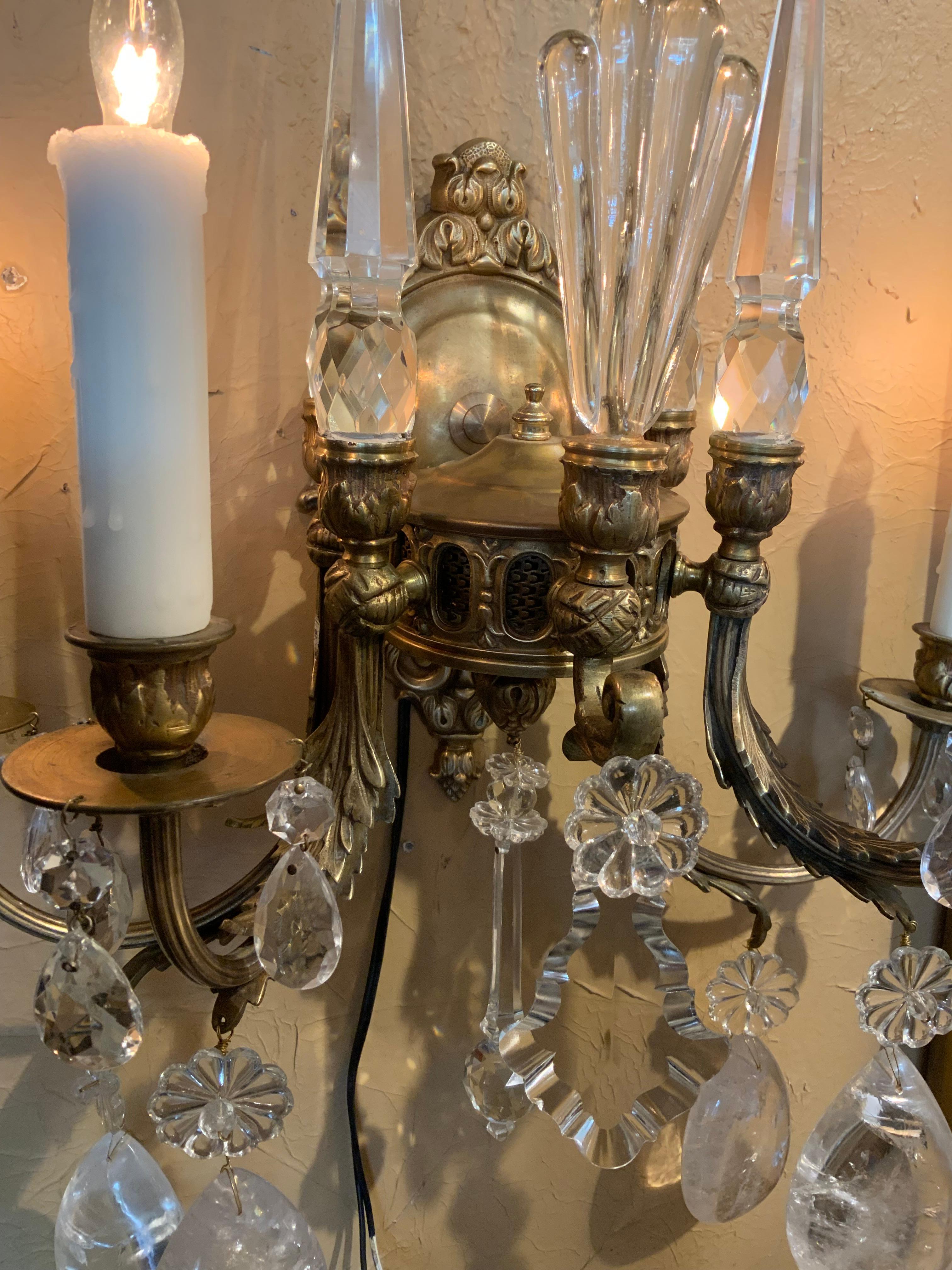 Italian Pair of gilt bronze and rock  crystal Four light wall sconces For Sale