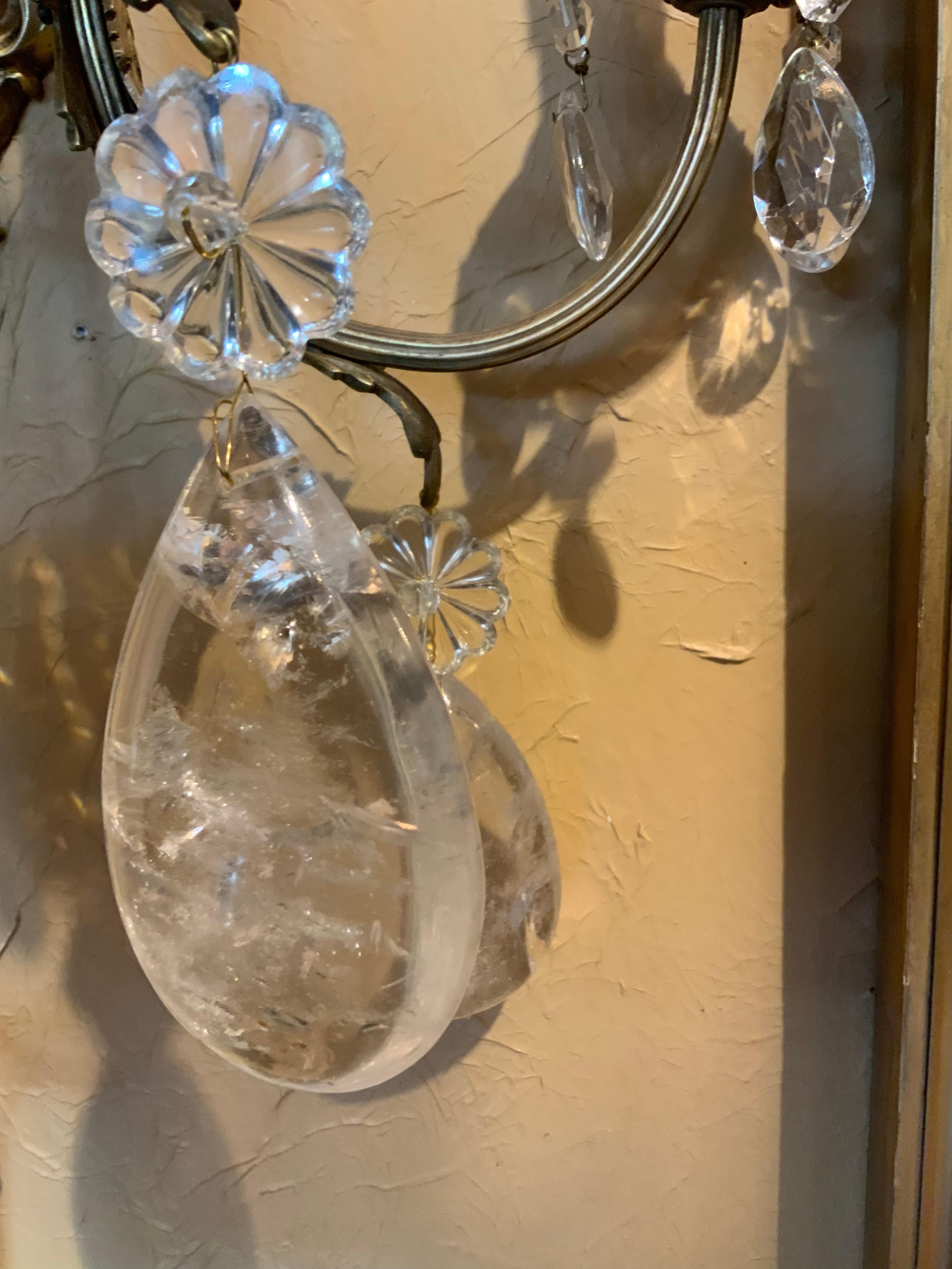 Gilt Pair of gilt bronze and rock  crystal Four light wall sconces For Sale