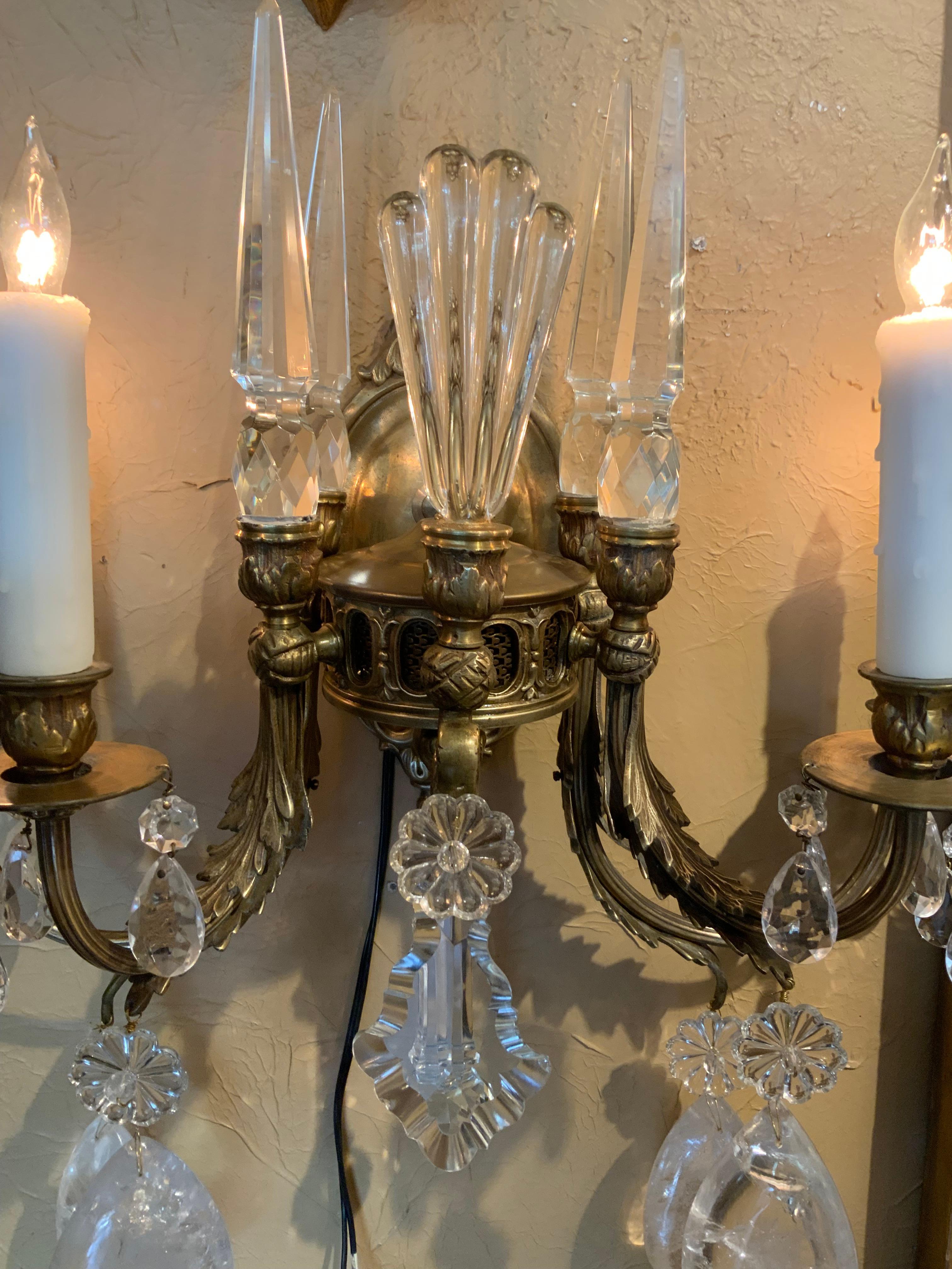 20th Century Pair of gilt bronze and rock  crystal Four light wall sconces For Sale