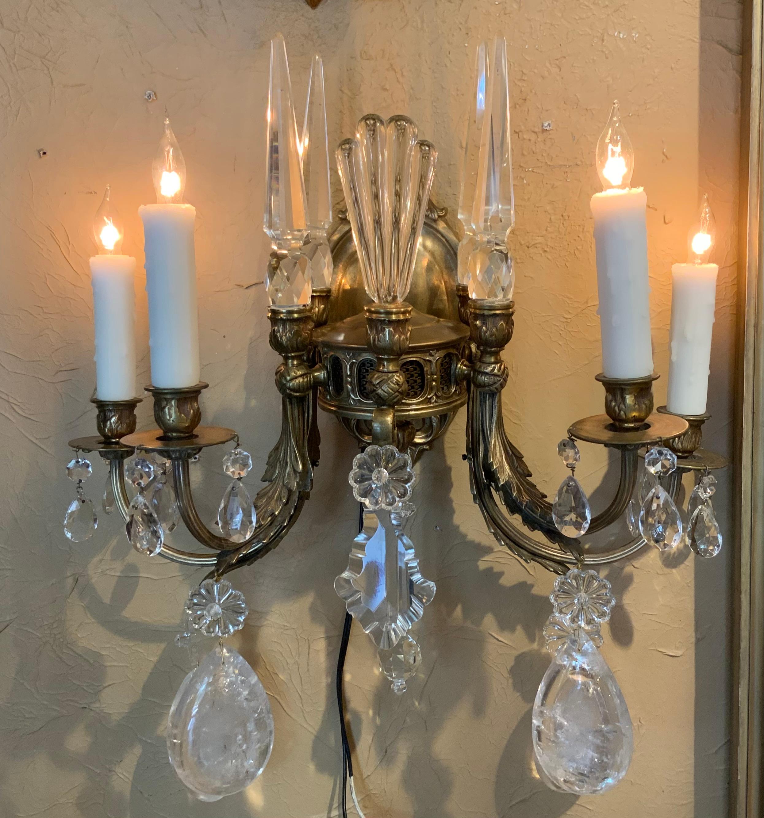 Bronze Pair of gilt bronze and rock  crystal Four light wall sconces For Sale