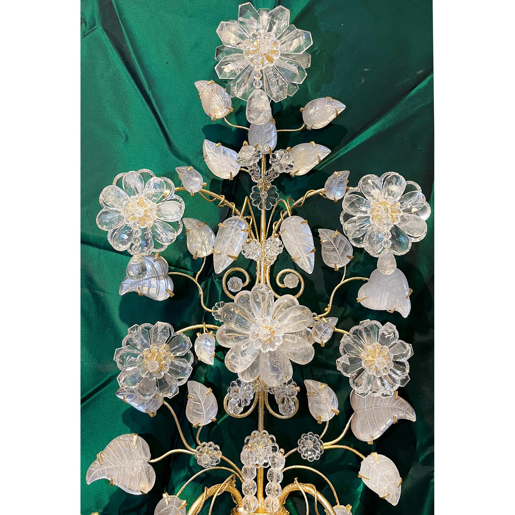 Rococo Pair of Gilt Bronze and Rock Crystal Two Light Sconces with Florals For Sale