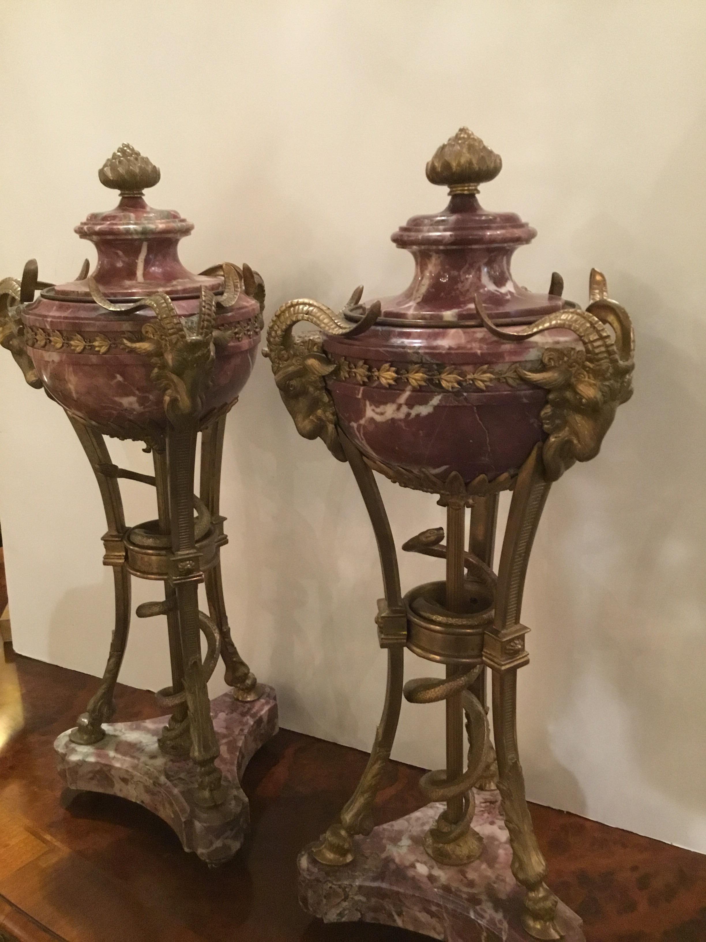 19th Century Pair of Gilt Bronze and Rouge Marble Cassolettes