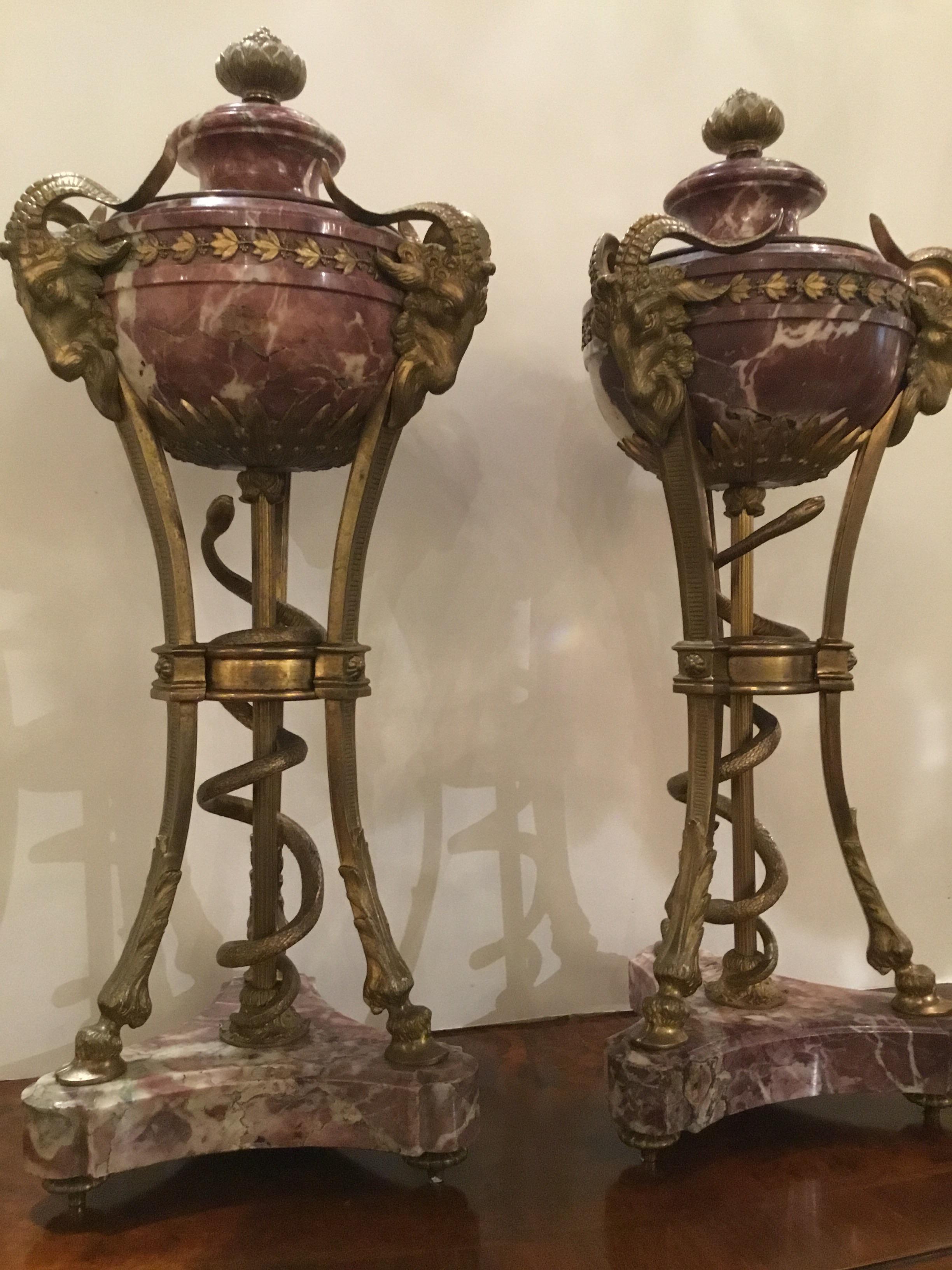 Pair of Gilt Bronze and Rouge Marble Cassolettes 1