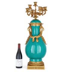 Pair of Gilt Bronze and Turquoise Porcelain Candelabra