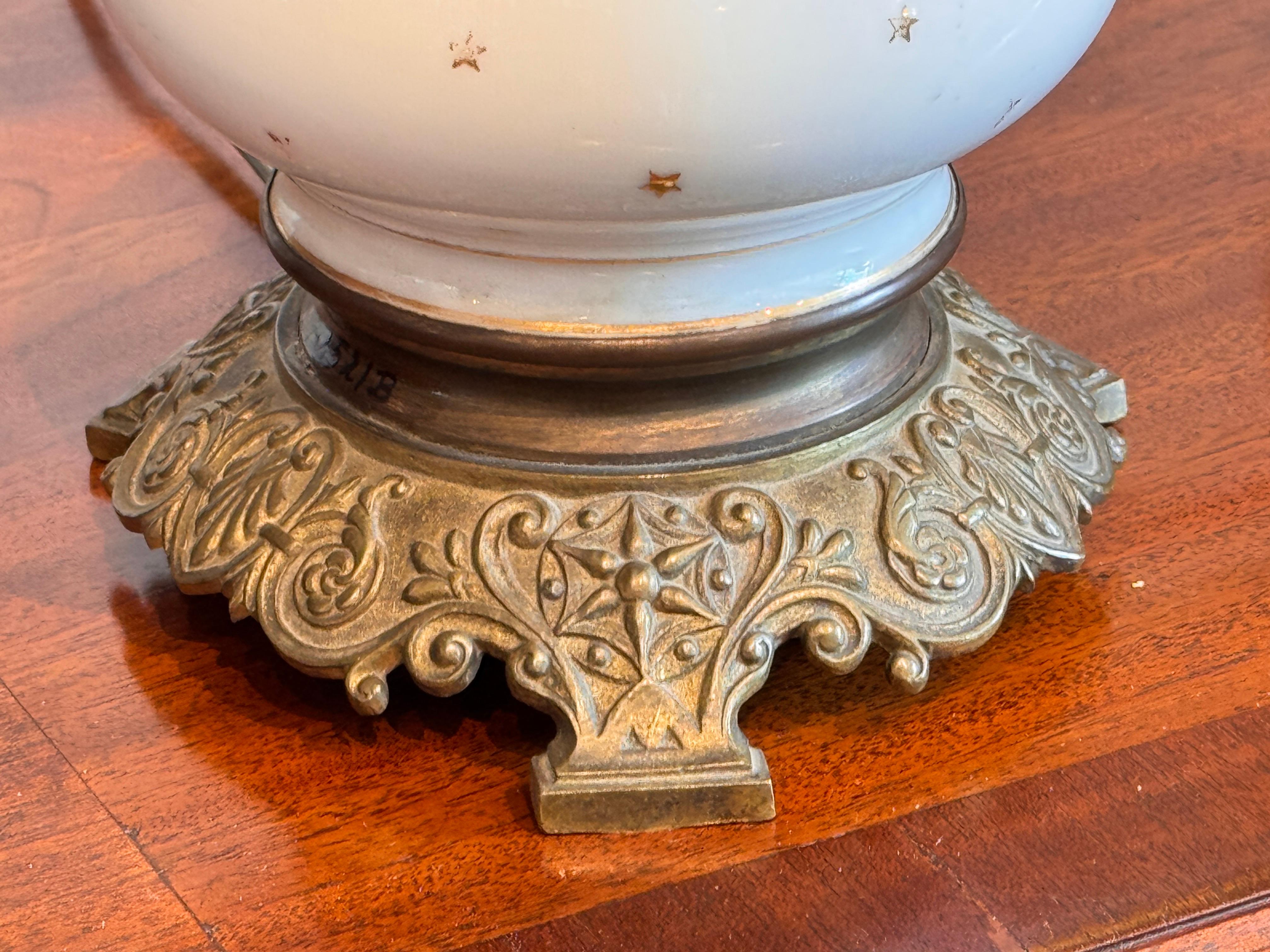 Pair of Gilt Bronze and White Opaline Lamps For Sale 6