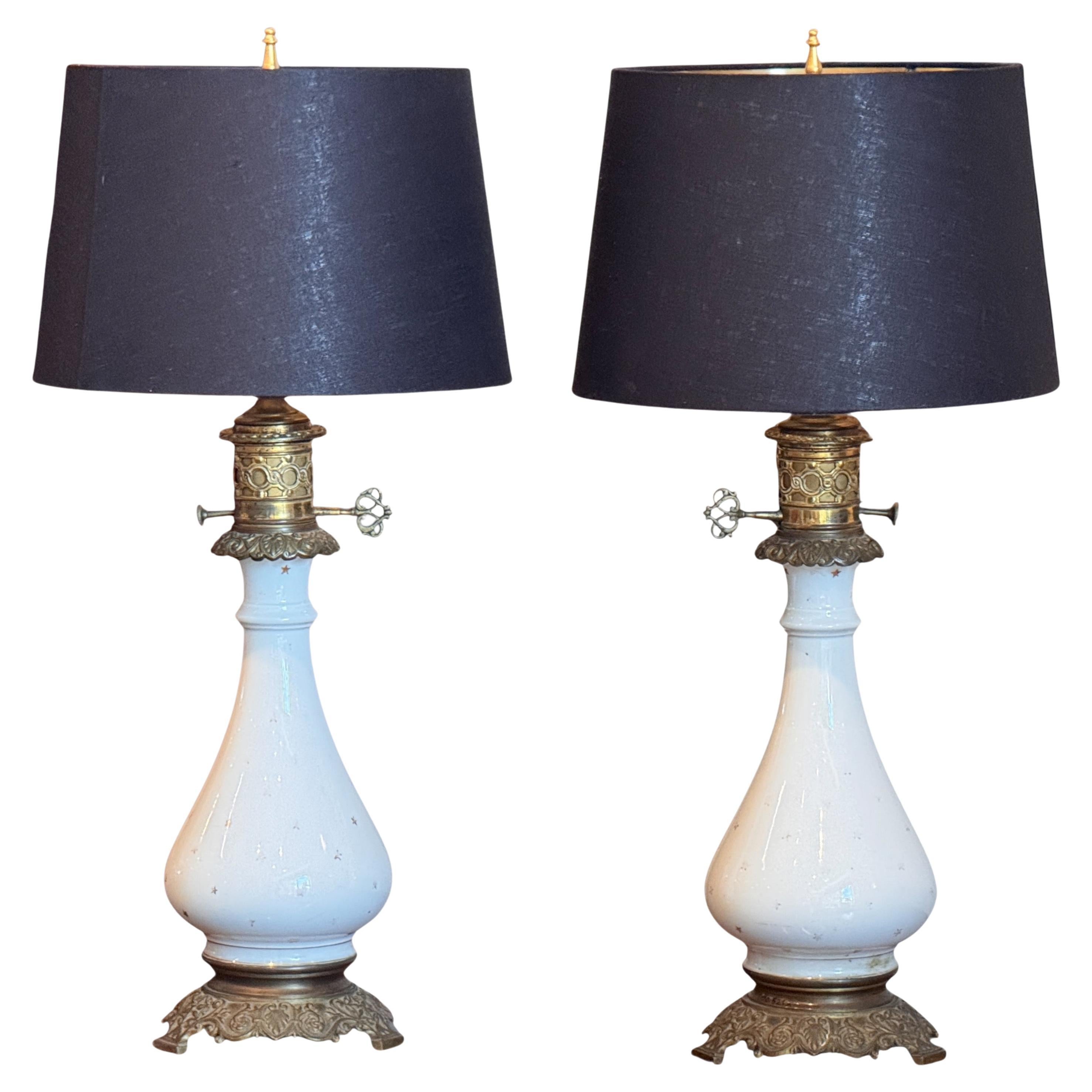 Pair of Gilt Bronze and White Opaline Lamps For Sale