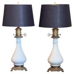Pair of Gilt Bronze and White Opaline Lamps