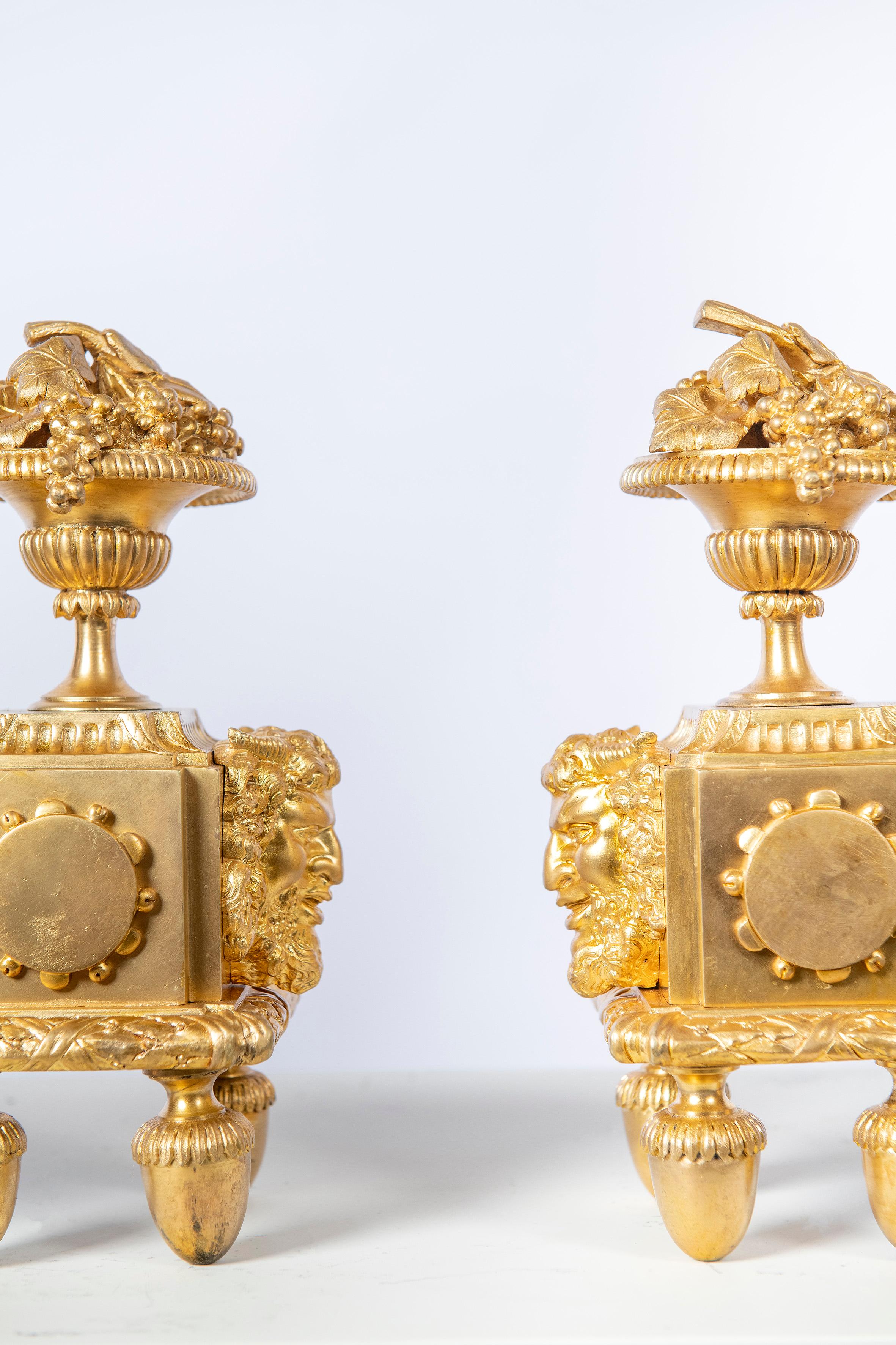 Pair of Gilt Bronze Andirons Signed E. Mottheu, France, Late 19th Century In Good Condition For Sale In Buenos Aires, Buenos Aires