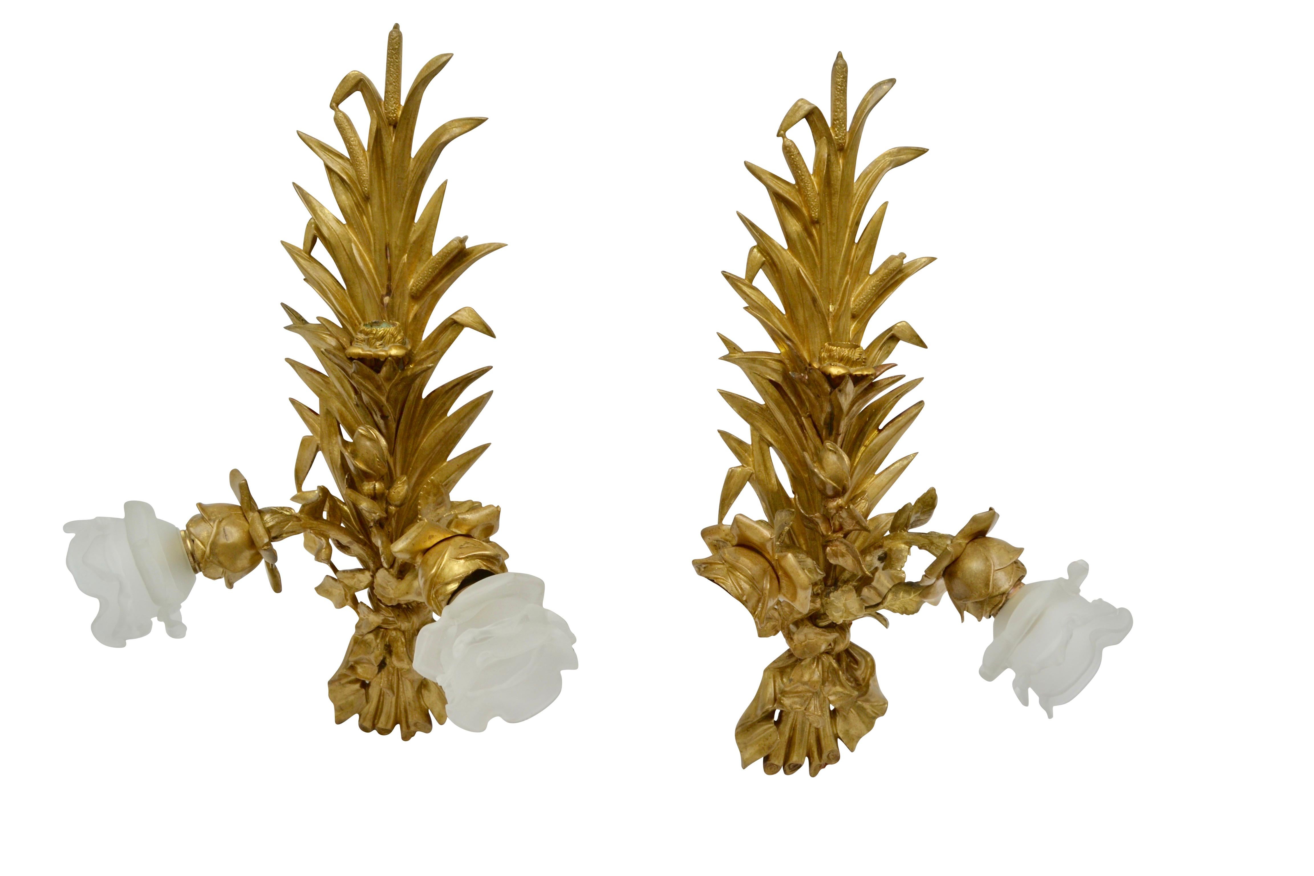 French Pair of Gilt Bronze Art Nouveau Bullrush Sconces For Sale