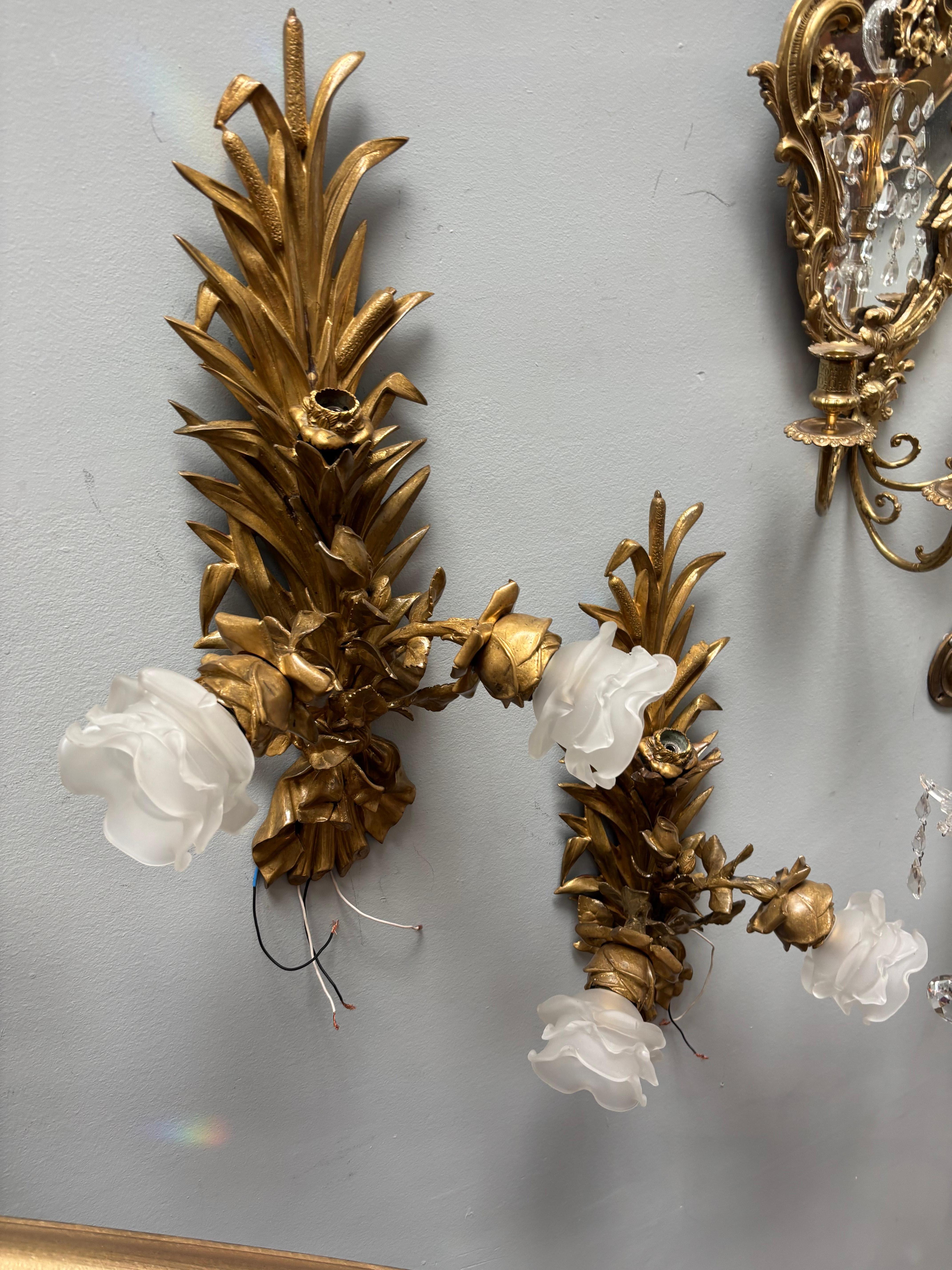 Pair of Gilt Bronze Art Nouveau Bullrush Sconces For Sale 1