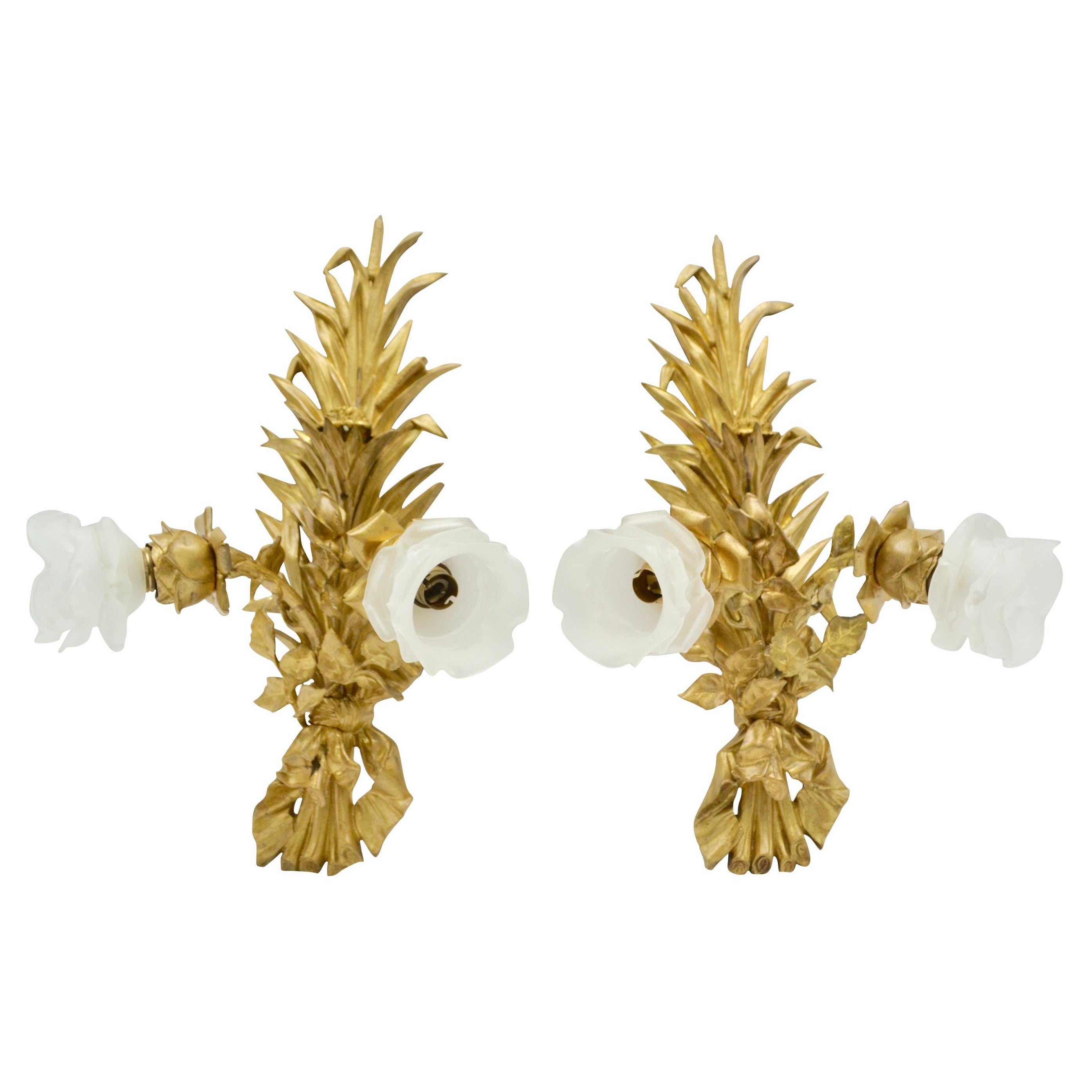 Pair of Gilt Bronze Art Nouveau Bullrush Sconces For Sale