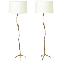 Pair of Gilt Bronze "Branches" Tripod Floor Lamps by Maison Arlus, France, 1950s