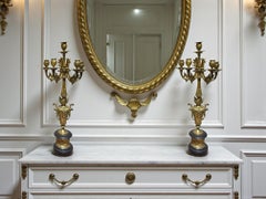 Pair of Gilt Bronze Candelabras on Stone Bases, 19th Century