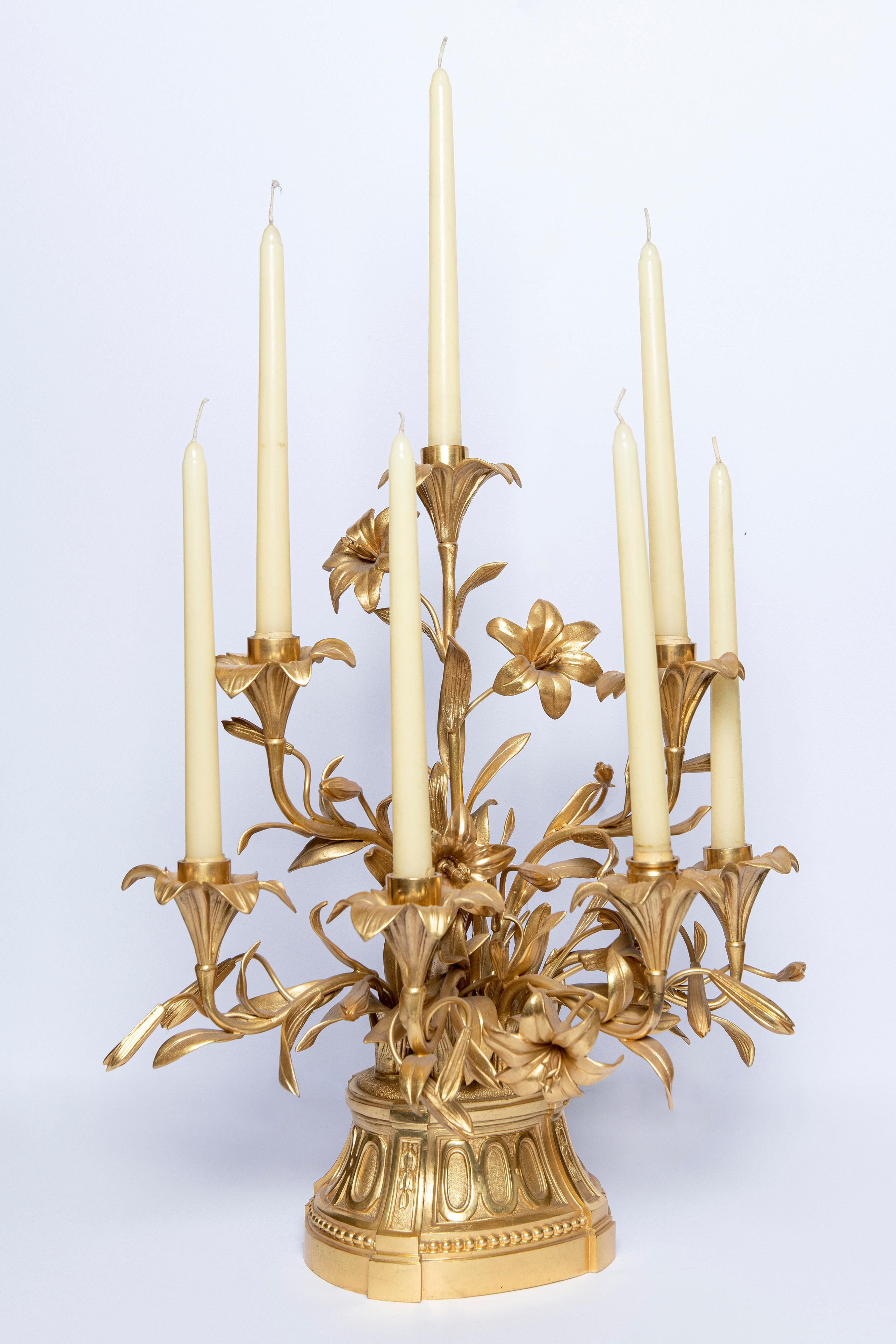 Pair of Gilt Bronze Candelabras with Flowers, France, Late 19th Century In Good Condition For Sale In Buenos Aires, Buenos Aires