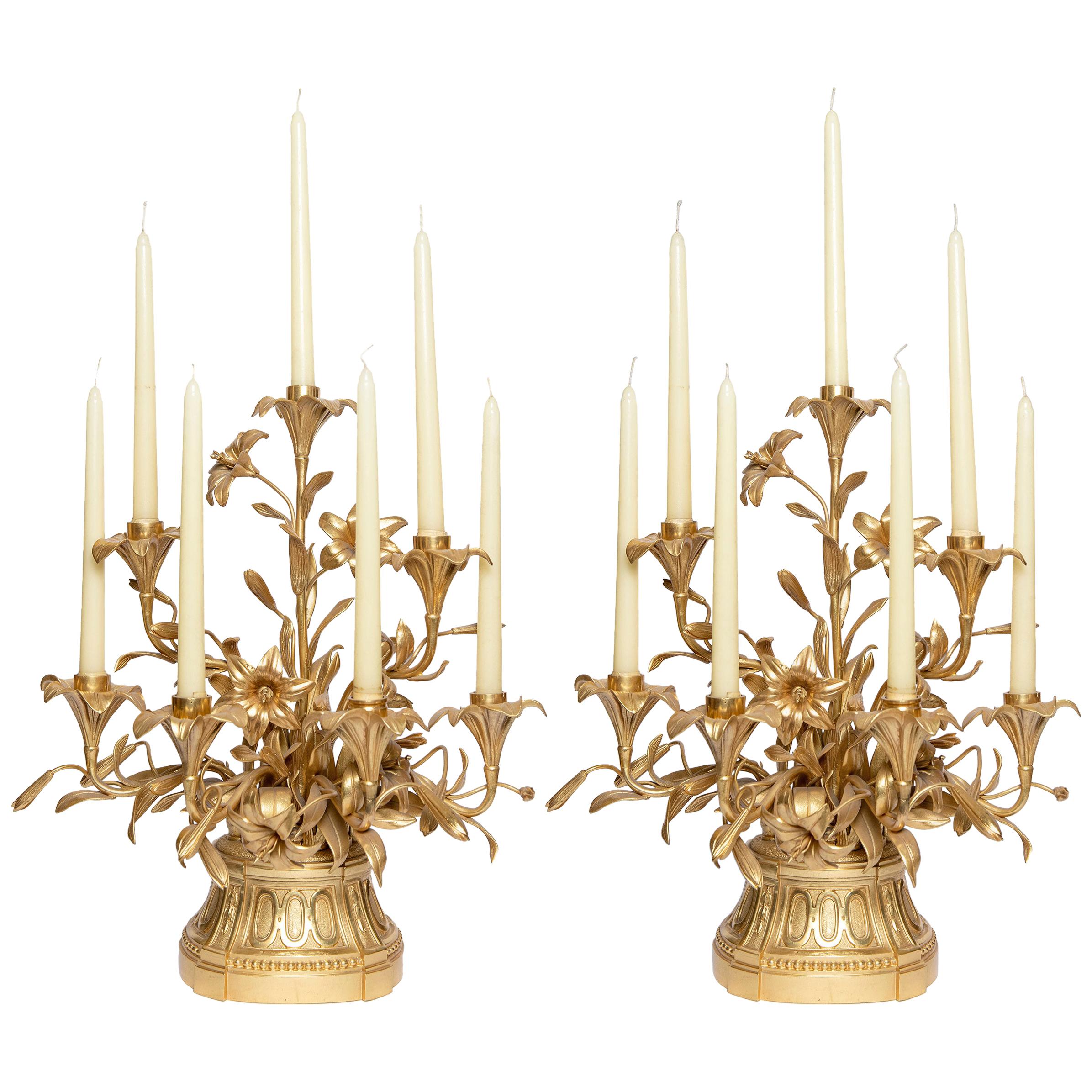 Pair of Gilt Bronze Candelabras with Flowers, France, Late 19th Century For Sale