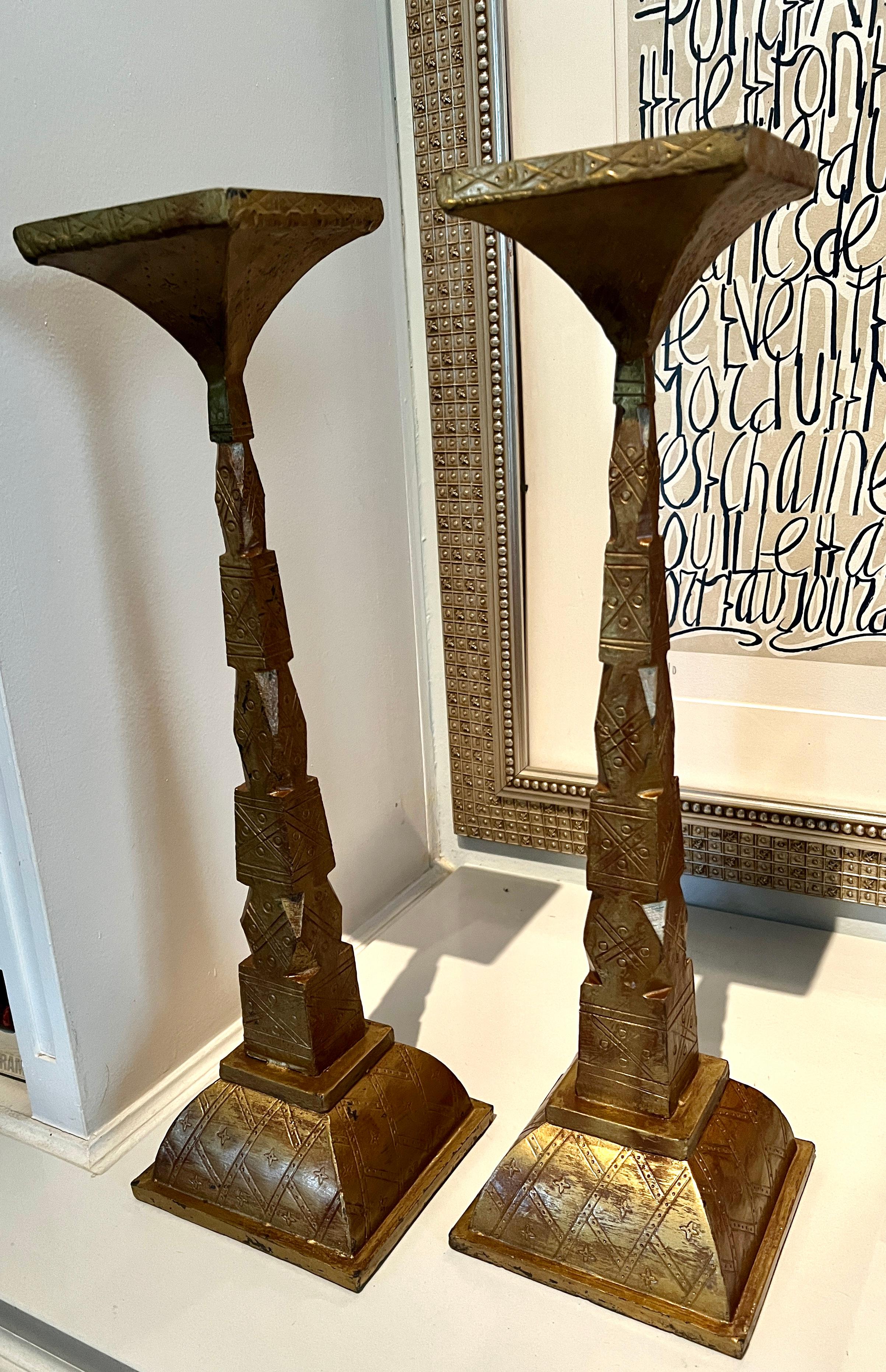 Pair of Gilt Bronze Candle Holders with Etching Design For Sale 3