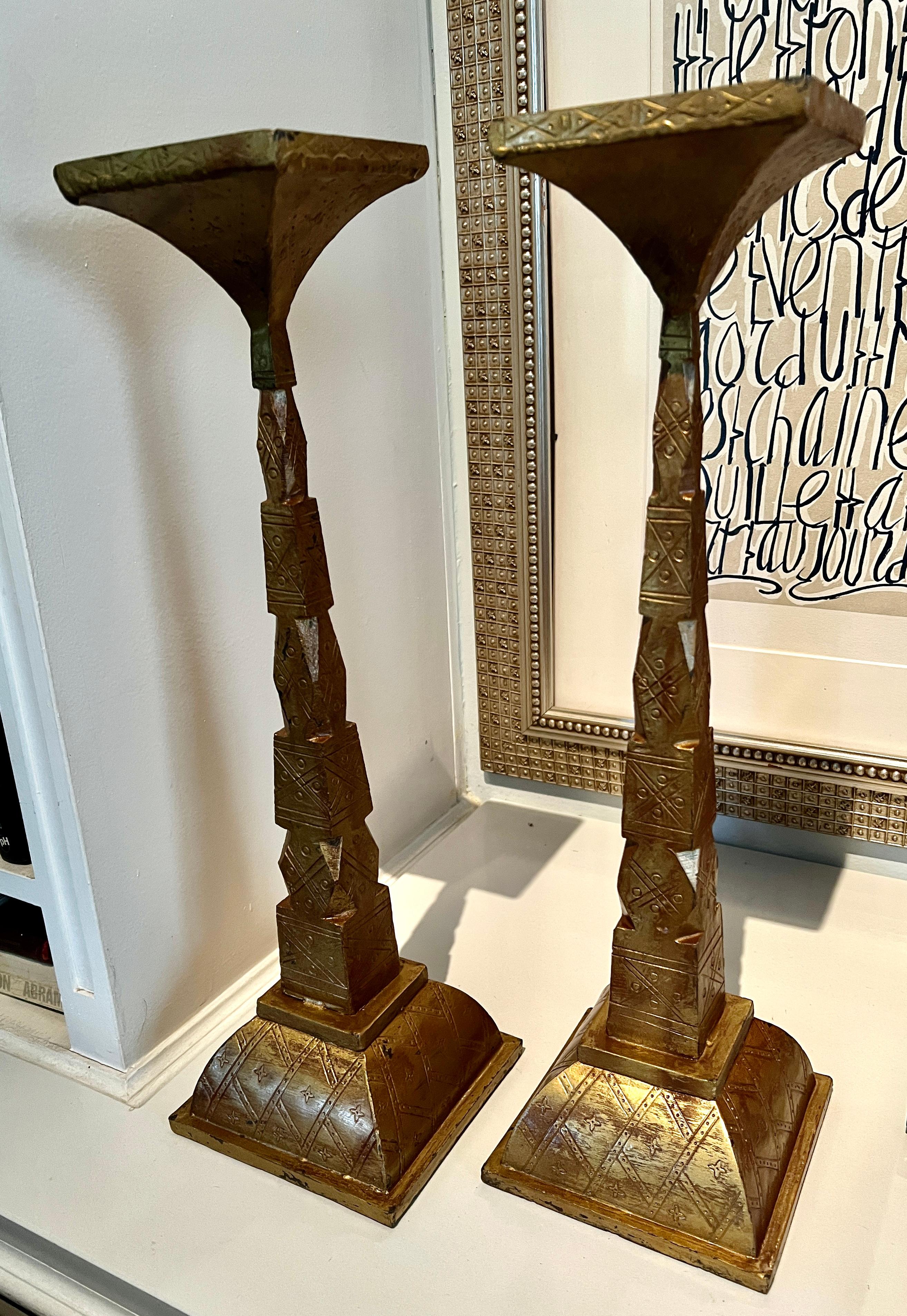 Pair of Gilt Bronze Candle Holders with Etching Design For Sale 4