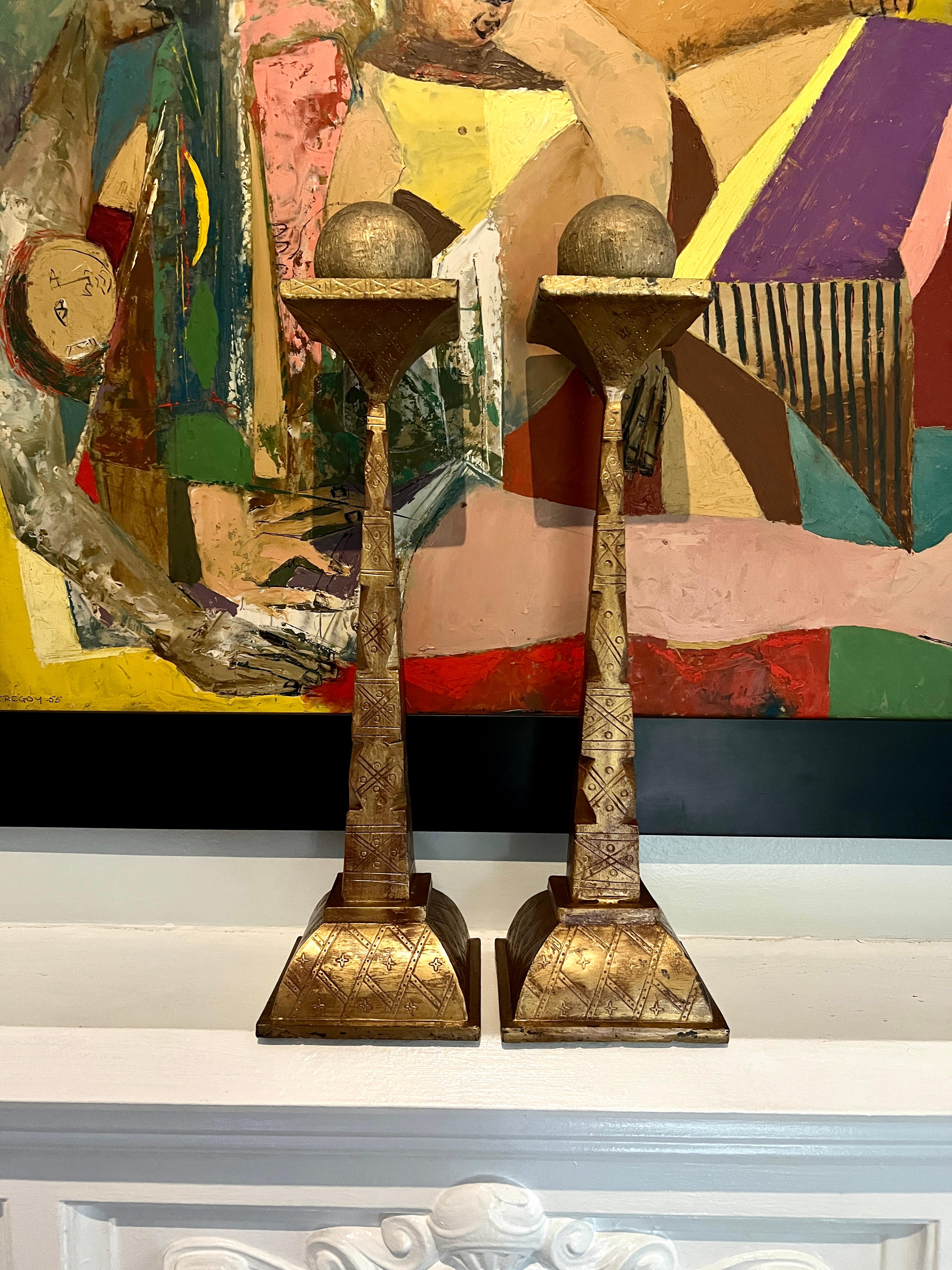 Pair of Gilt Bronze Candle Holders with Etching Design For Sale 5