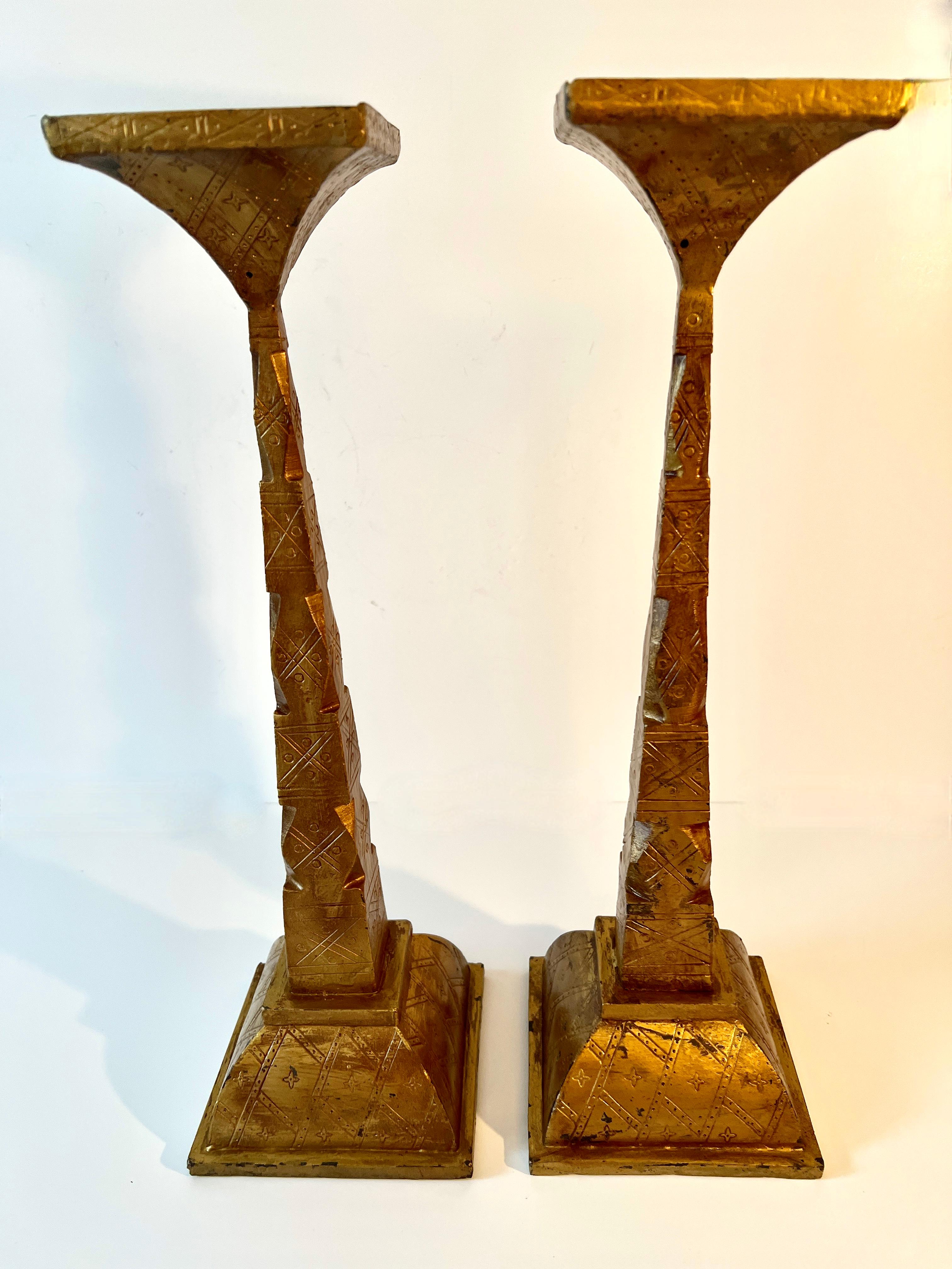 Art Deco Pair of Gilt Bronze Candle Holders with Etching Design For Sale