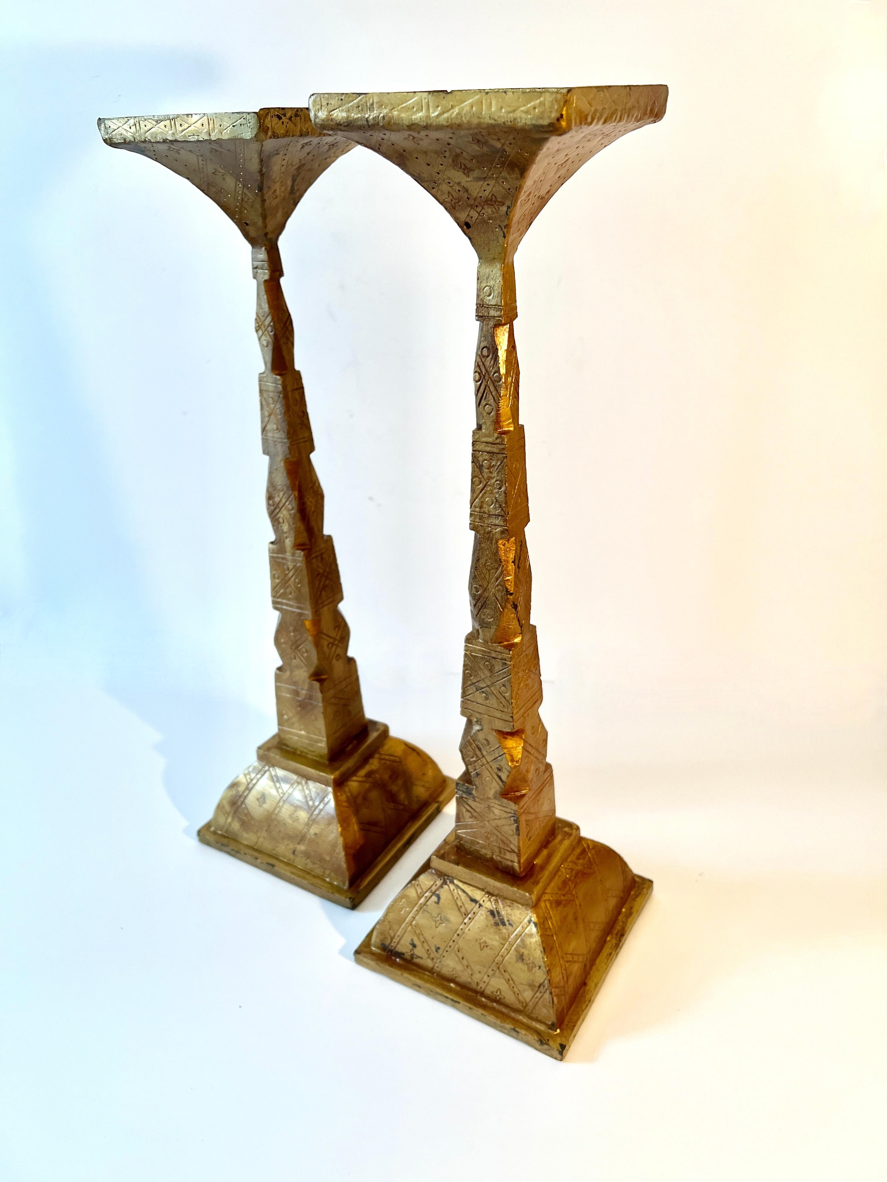 Etched Pair of Gilt Bronze Candle Holders with Etching Design For Sale