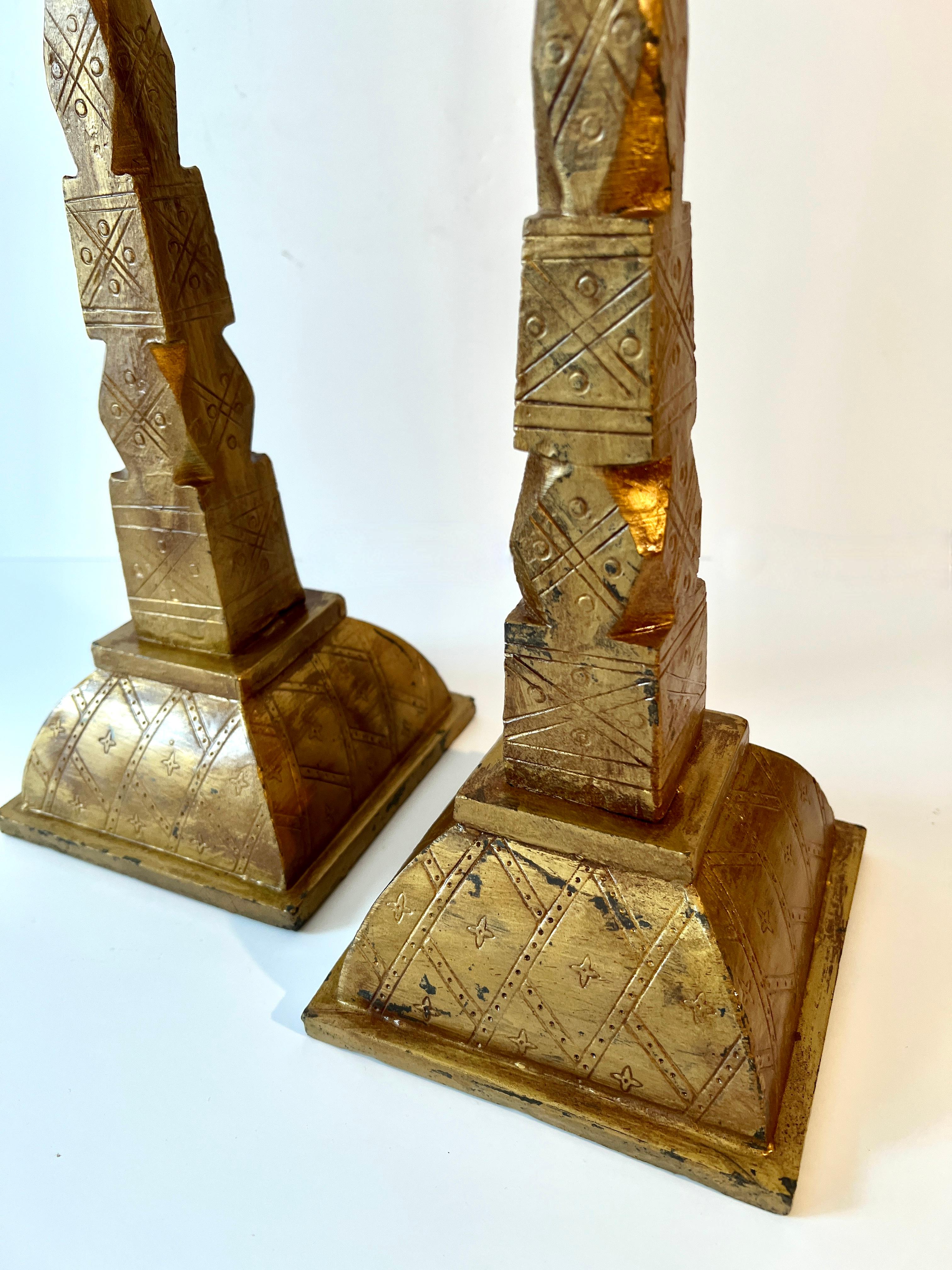 Pair of Gilt Bronze Candle Holders with Etching Design In Good Condition For Sale In Los Angeles, CA