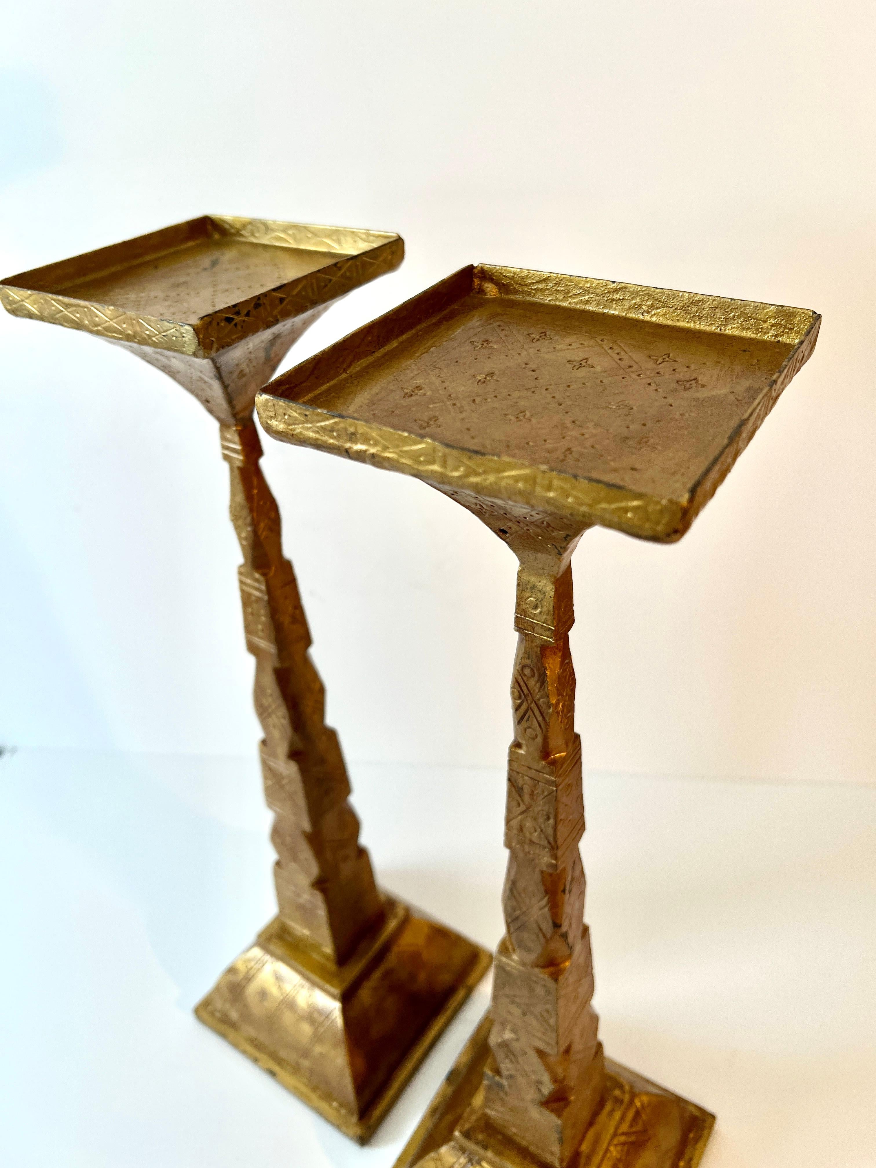 Gold Pair of Gilt Bronze Candle Holders with Etching Design For Sale