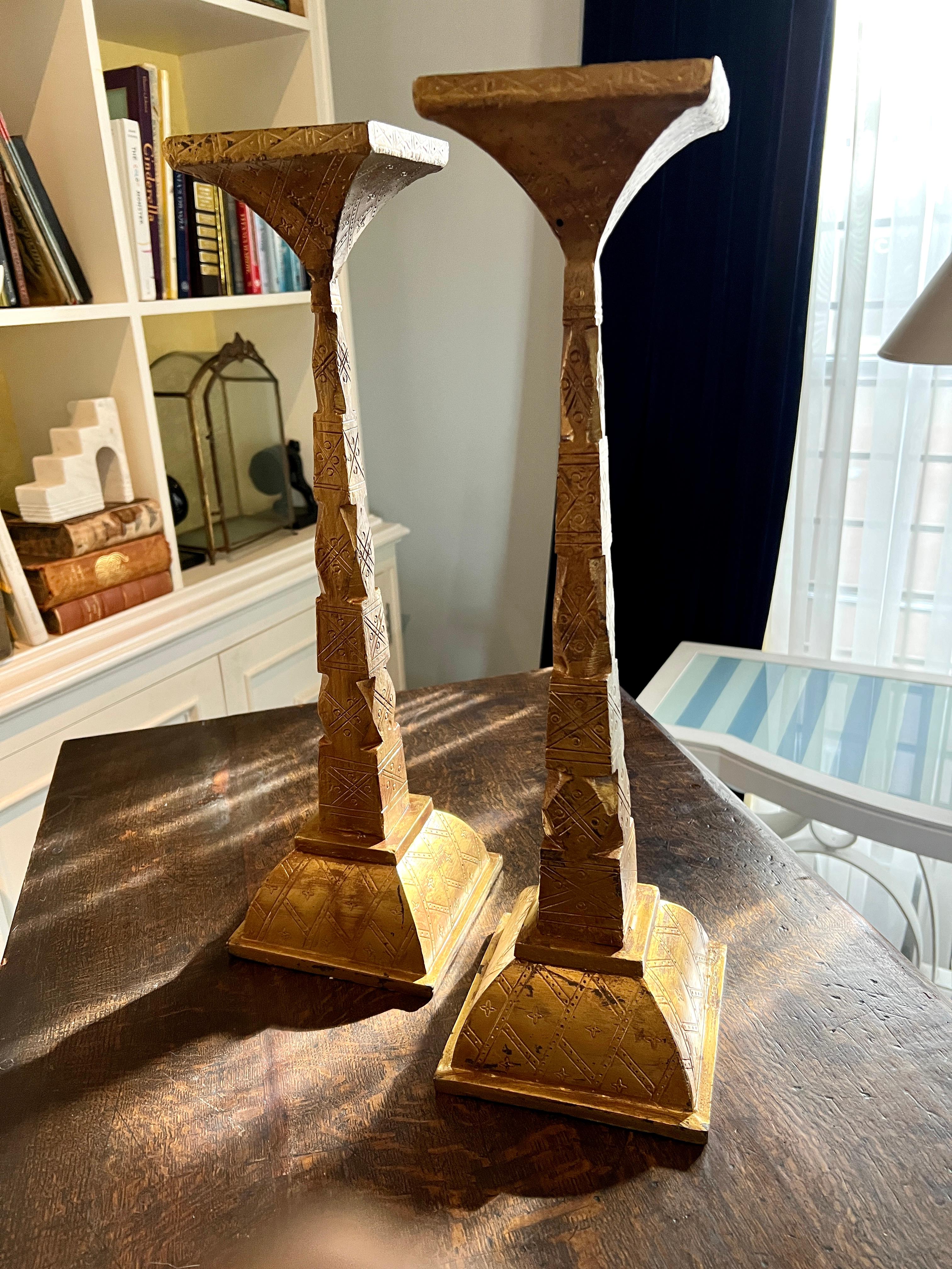 Pair of Gilt Bronze Candle Holders with Etching Design For Sale 2