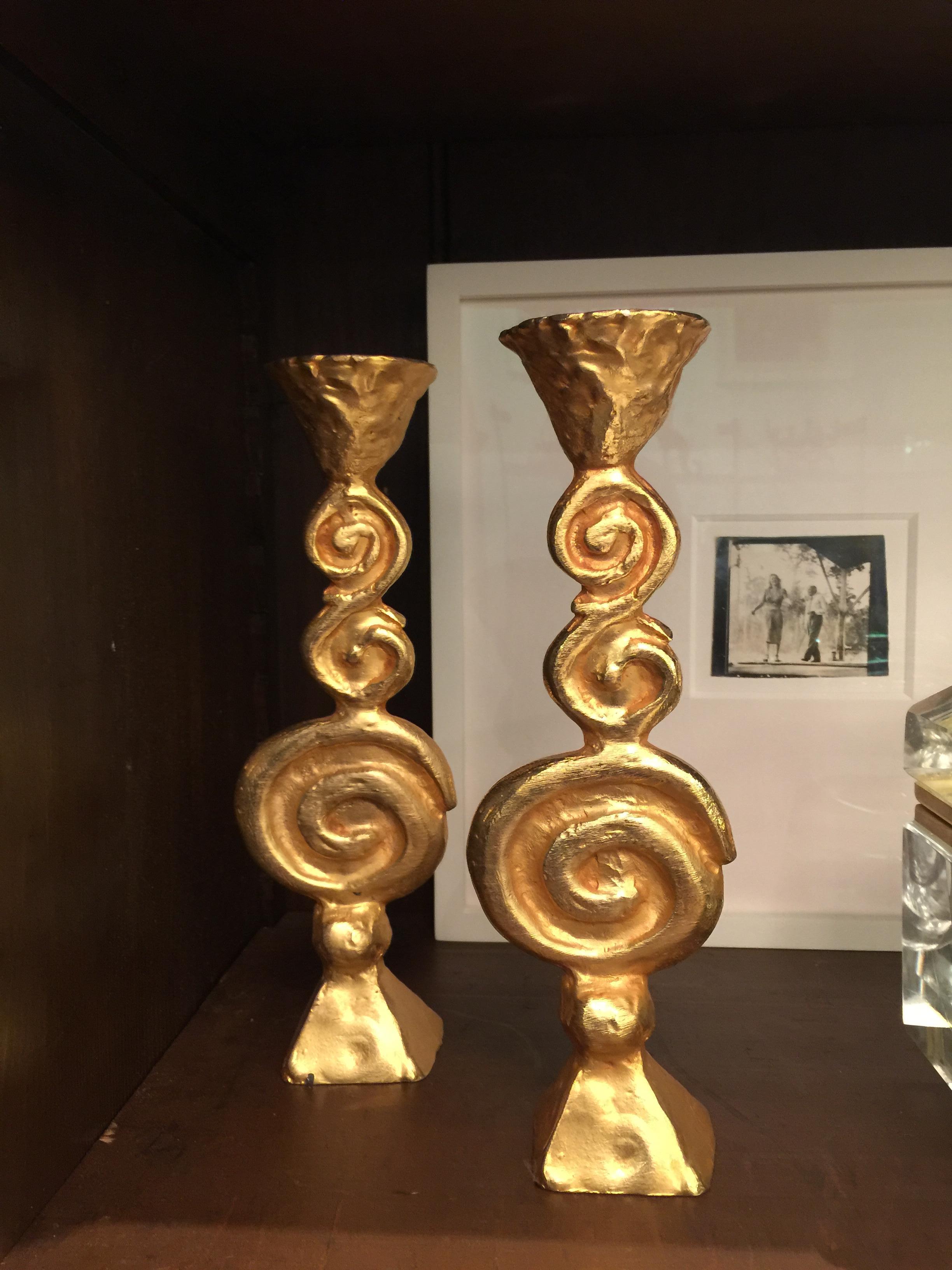 French Pair of Gilt Bronze Candleholders by Pierre Casenove for Fondica For Sale