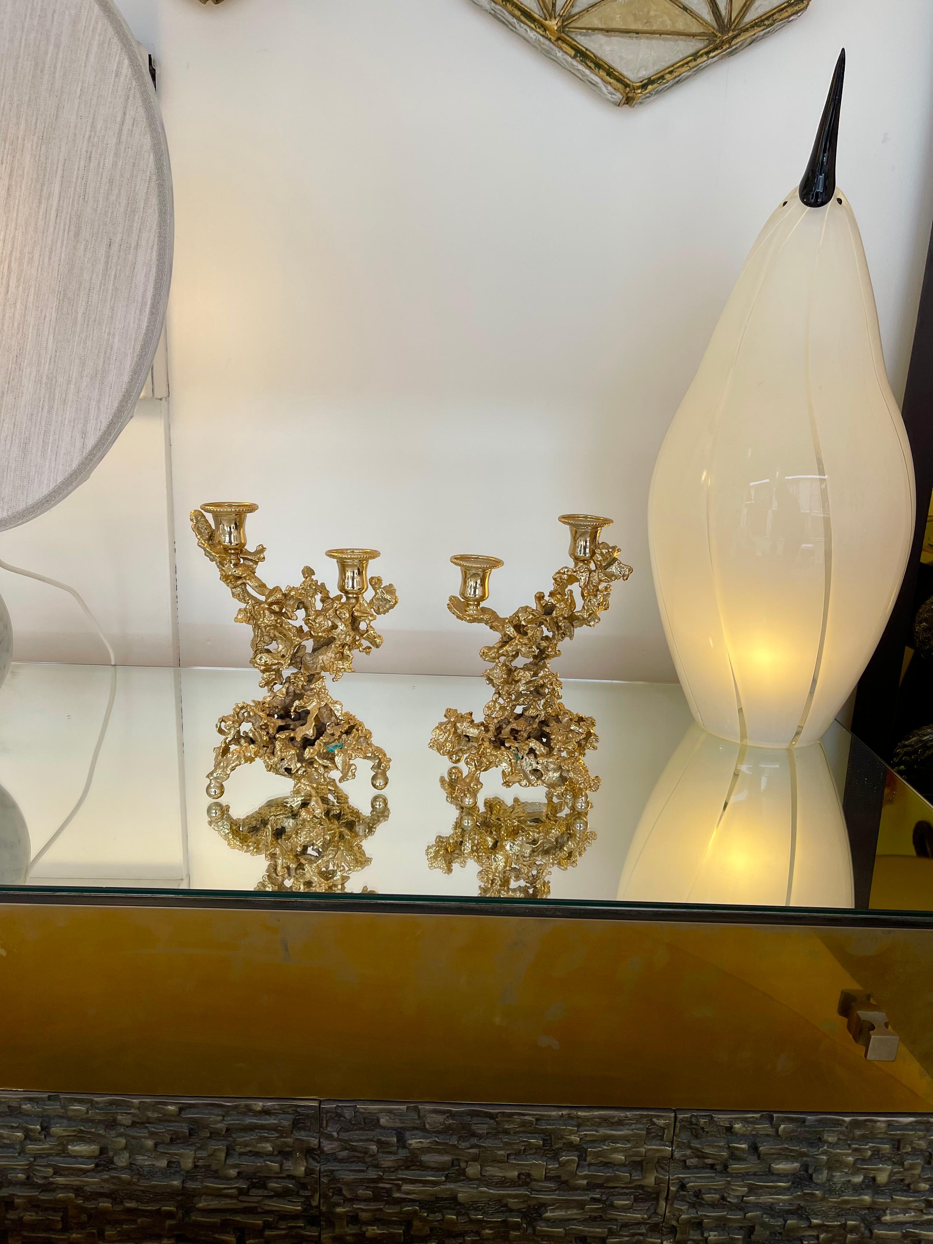 Pair of Candlesticks or Candle holders in gilt bronze, partial piece of Dioptase stone by the french artist Claude Victor Boeltz. Famous design like Jacques Duval Brasseur, Philippe Jean, Alain Chervet, Maison Jansen, Charles, Italian designer