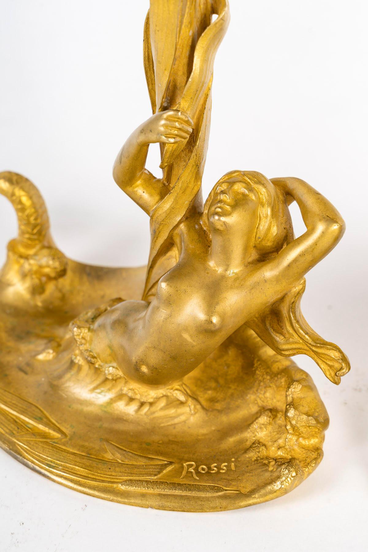 French Pair of Gilt Bronze Candlesticks by Edouardo Rossi (1867-1926), Art Nouveau. For Sale