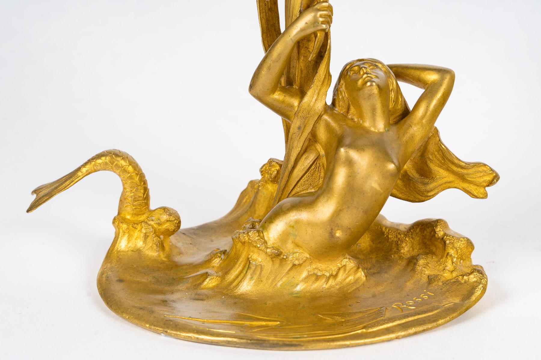 Pair of Gilt Bronze Candlesticks by Edouardo Rossi (1867-1926), Art Nouveau. In Good Condition For Sale In Saint-Ouen, FR