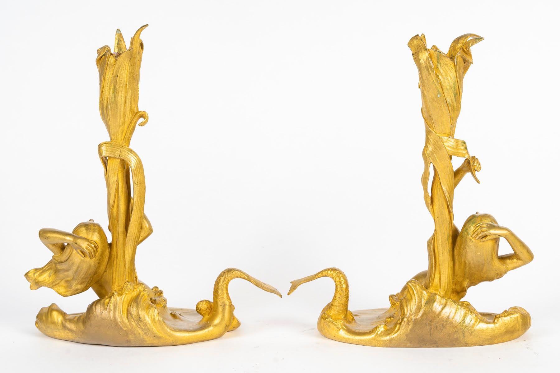 20th Century Pair of Gilt Bronze Candlesticks by Edouardo Rossi (1867-1926), Art Nouveau. For Sale