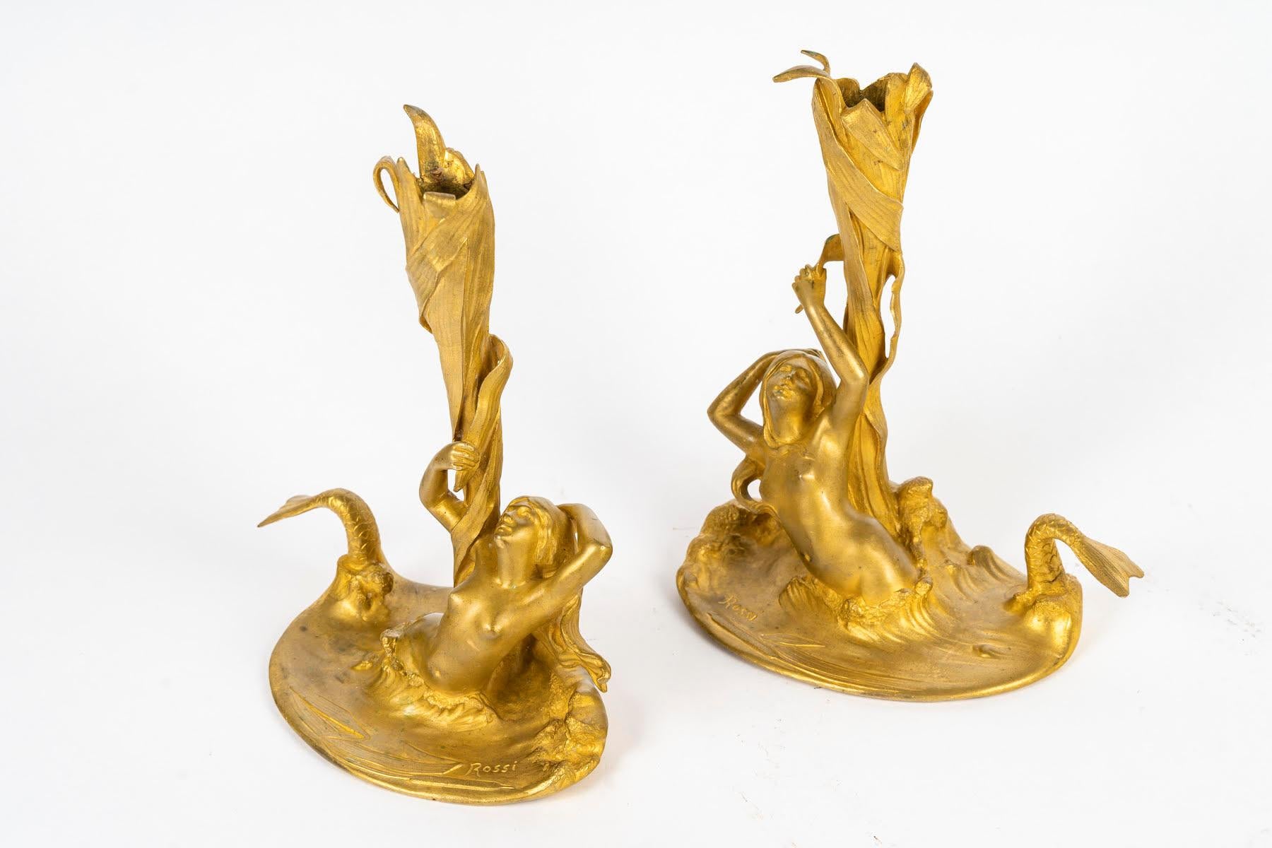 Pair of Gilt Bronze Candlesticks by Edouardo Rossi (1867-1926), Art Nouveau. For Sale 1