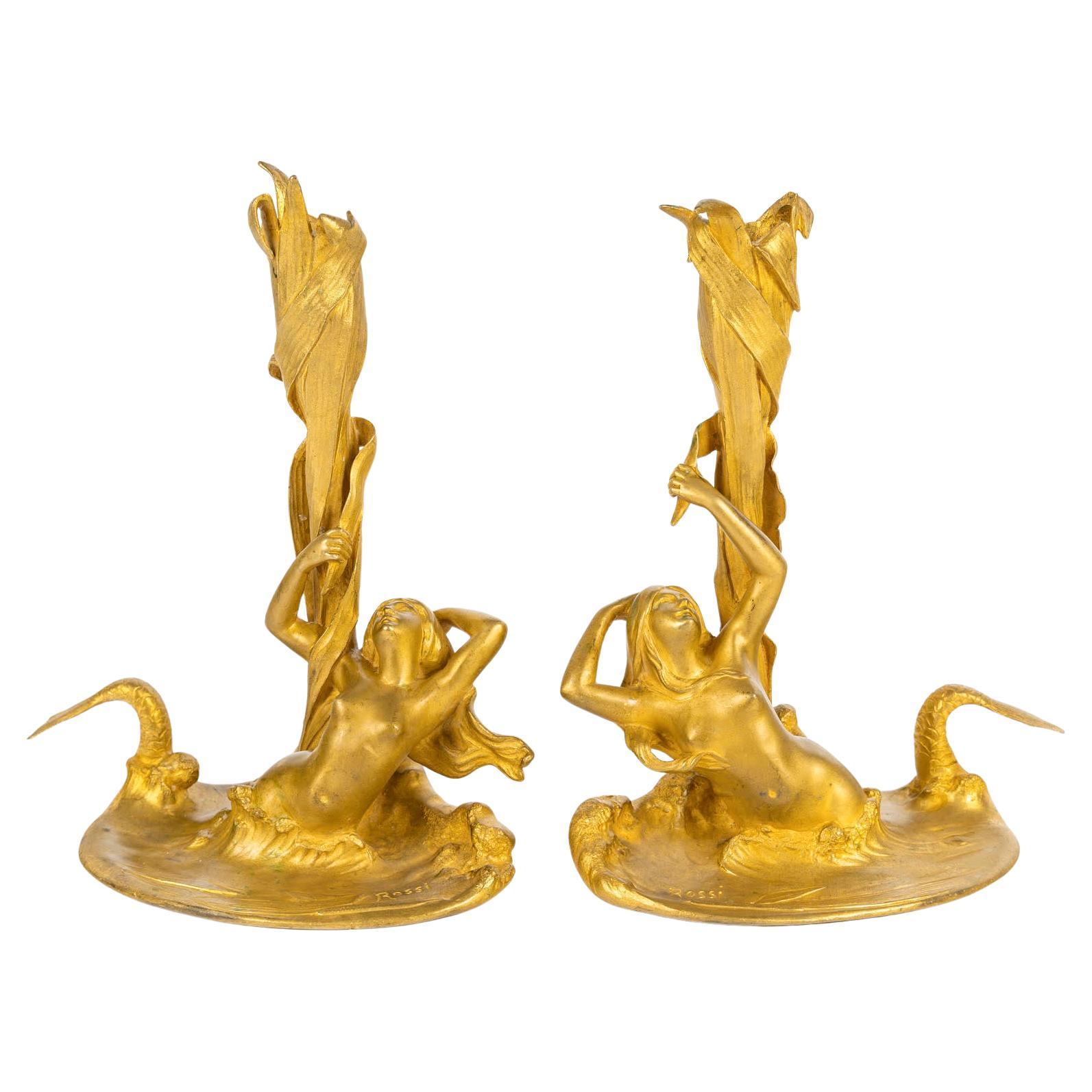 Pair of Gilt Bronze Candlesticks by Edouardo Rossi (1867-1926), Art Nouveau. For Sale