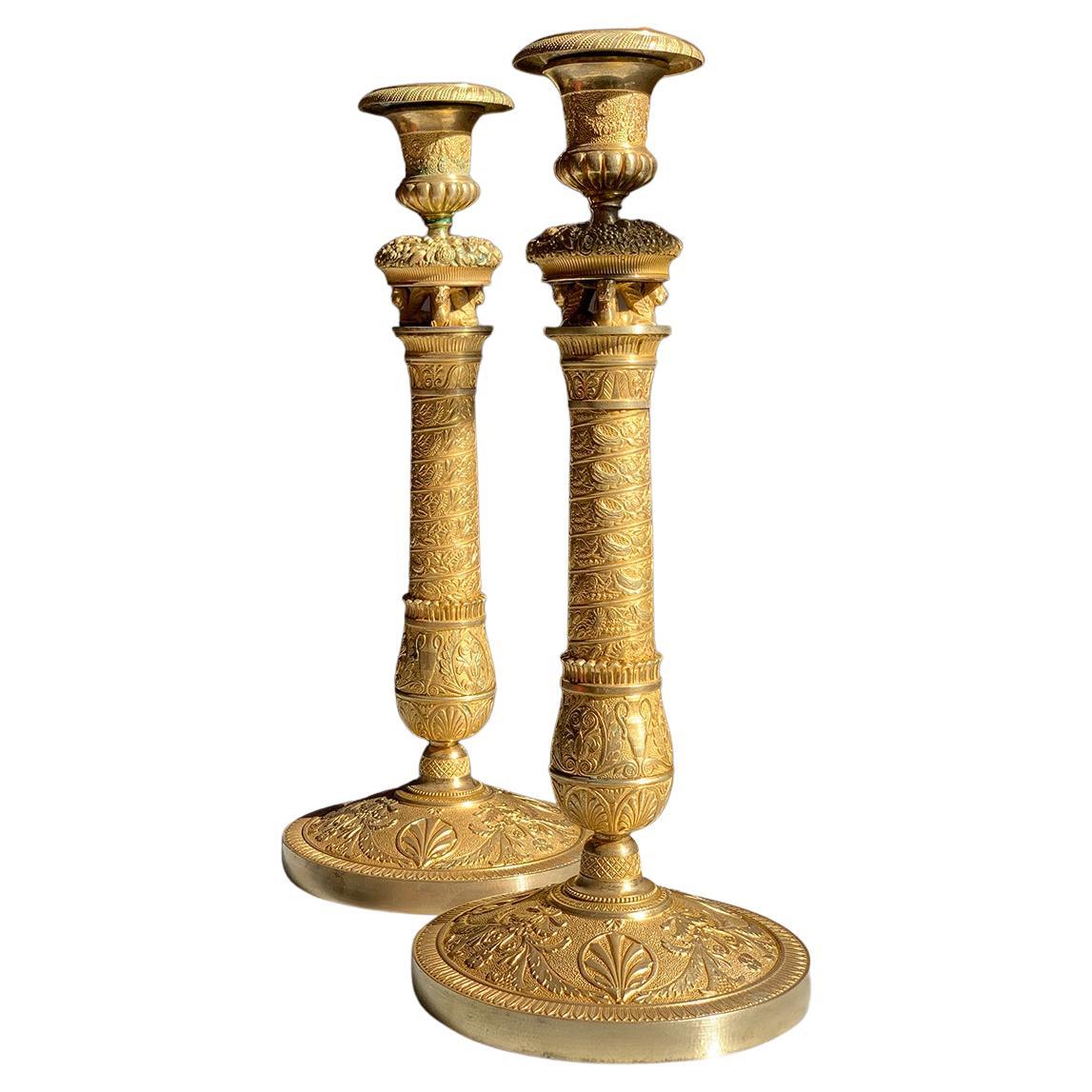 Pair of Gilt Bronze Candlesticks, Empire Period XIX For Sale