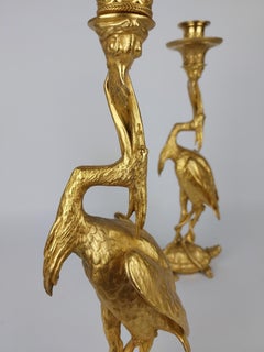 Pair Gilt Bronze Stork Candlesticks by Christopher Fratin