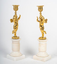 Pair of Gilt Bronze Candlesticks, Marble Base, 19th Century, Napoleon III Period