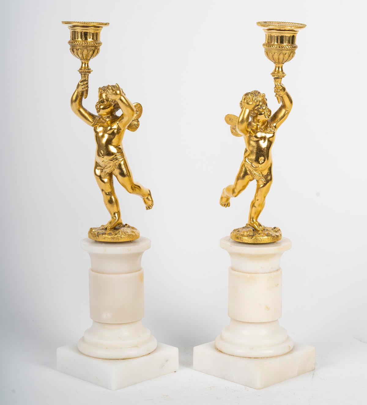 French Pair of Gilt Bronze Candlesticks, Marble Base, 19th Century, Napoleon III Period For Sale